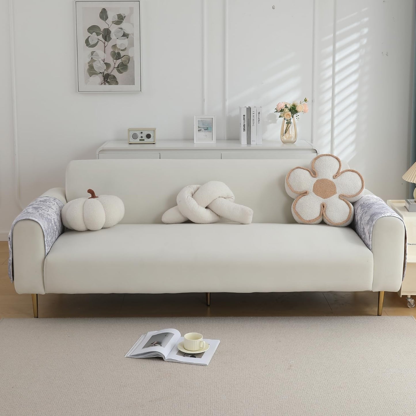 Quilted, Waterproof and Anti-Slip Sofa Cover Mat, Motifs Cloud Grey