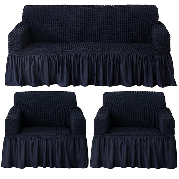 Navy Blue Elastic Turkish Bubble Frill sofa cover for 3+1+1 seater sofa set
