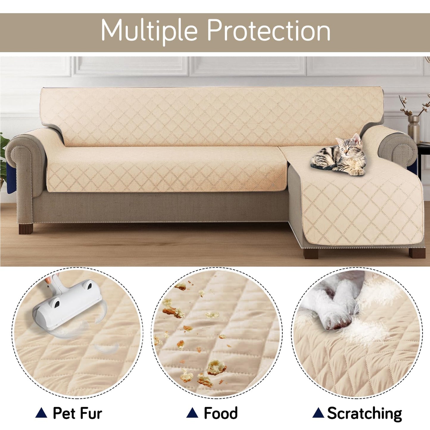 HOKIPO Quilted Reversible One Piece L Shape 4/5/6 Seater Sofa Cover Mat, Beige