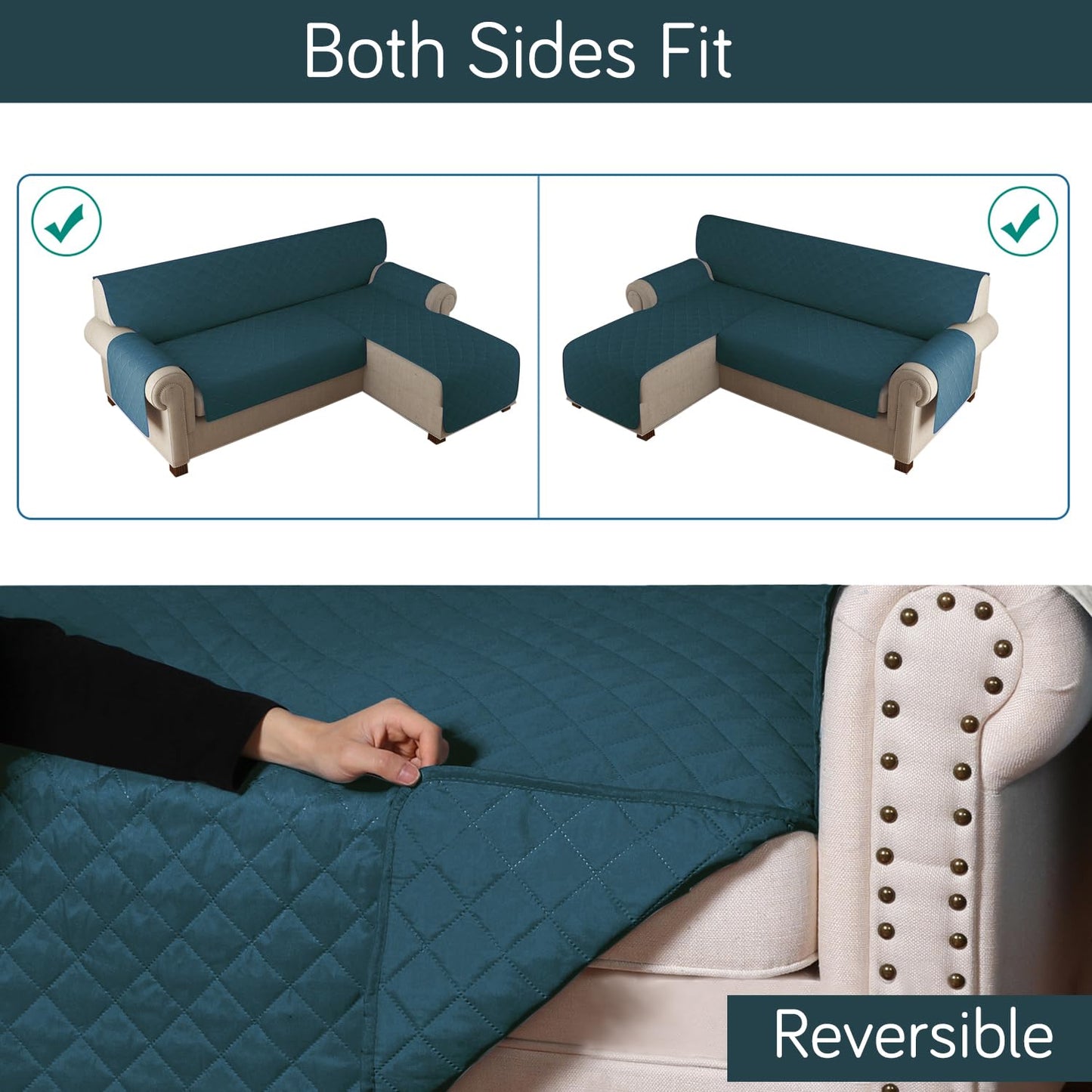 HOKIPO Quilted Reversible One Piece L Shape 4/5/6 Seater Sofa Cover Mat, Peacock Blue