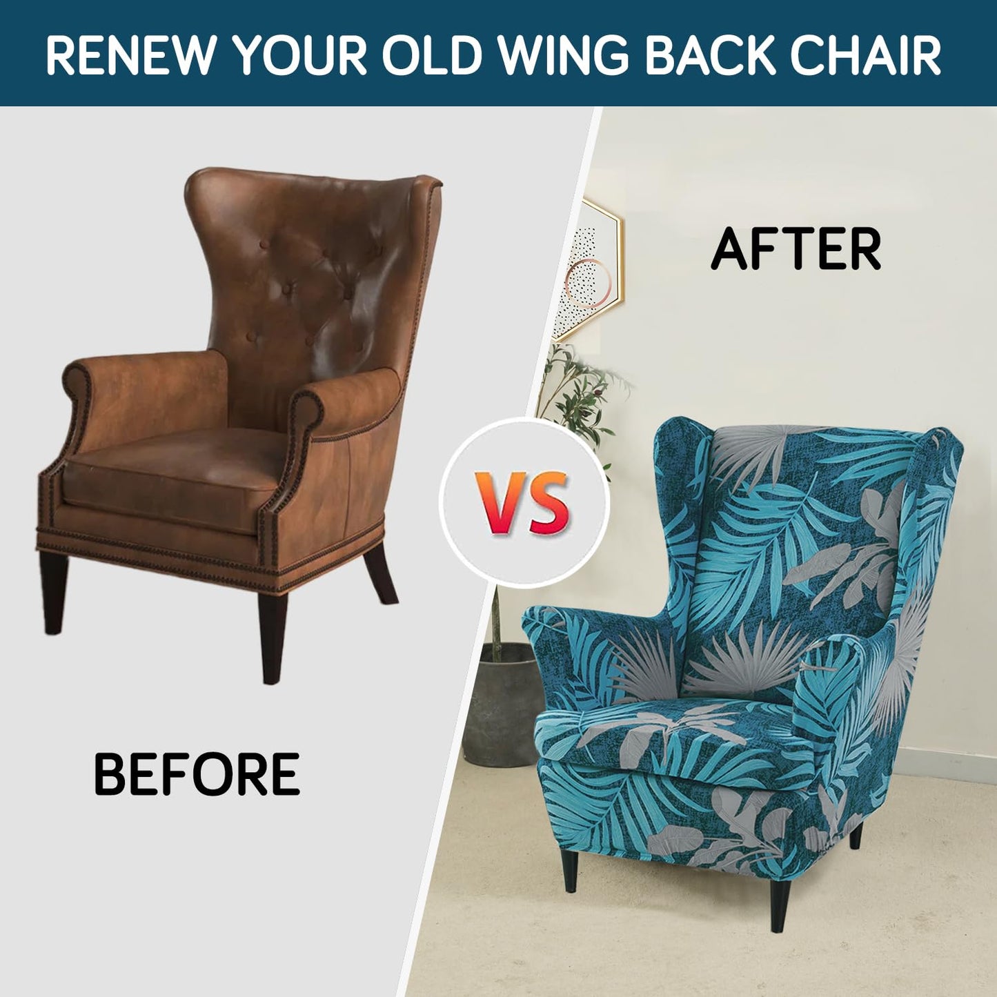 Stretchable 140 GSM Wing Chair Cover, Sea Blue Tropical Leaves