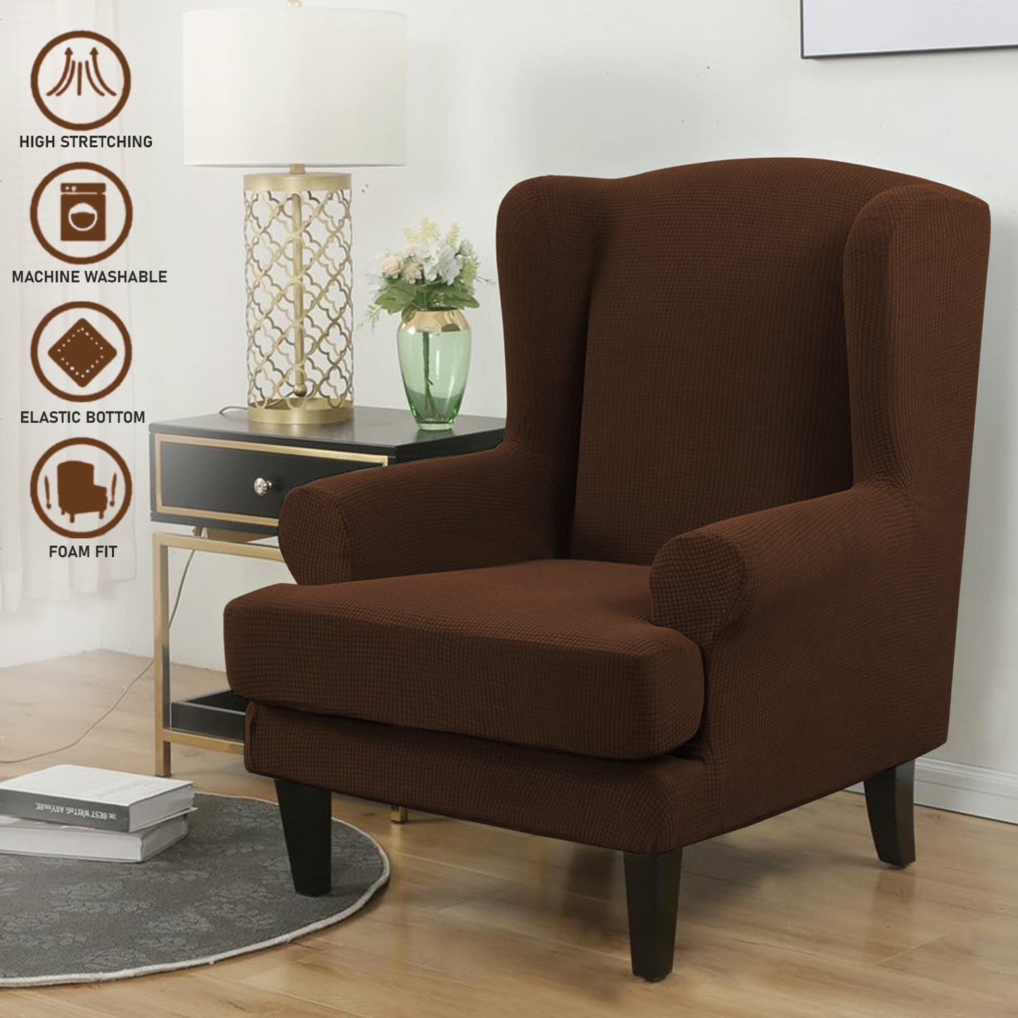 Buy Premium Dark Brown Jacquard Wingback Chair Cover | Hokipo