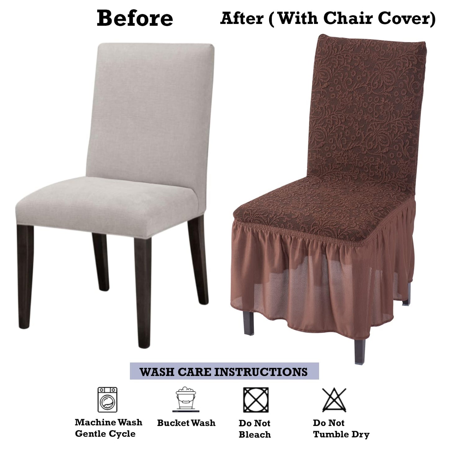 Elastic Stretchable Designer Woven Jacquard Dining Chair Cover with Frill, Pecan Brown