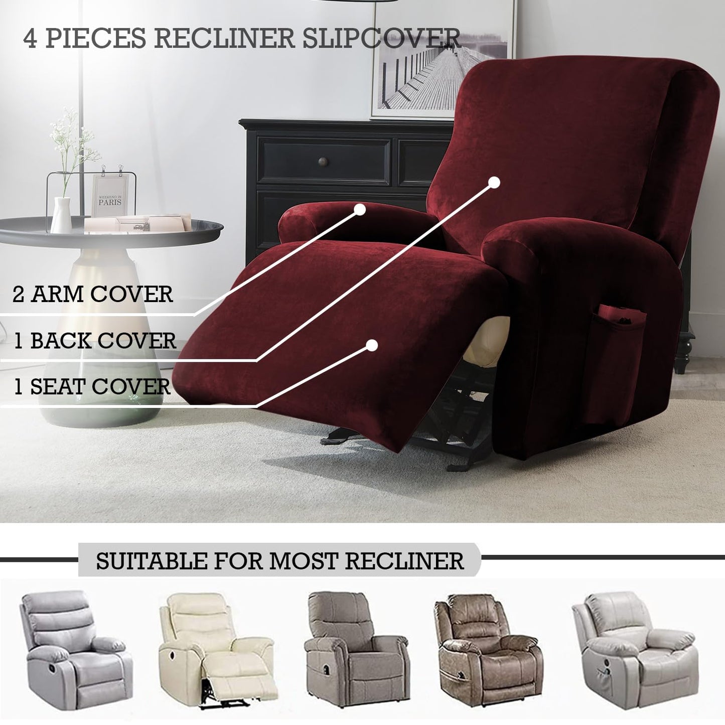 Elastic Stretchable Premium Velvet Recliner Cover, Burgundy