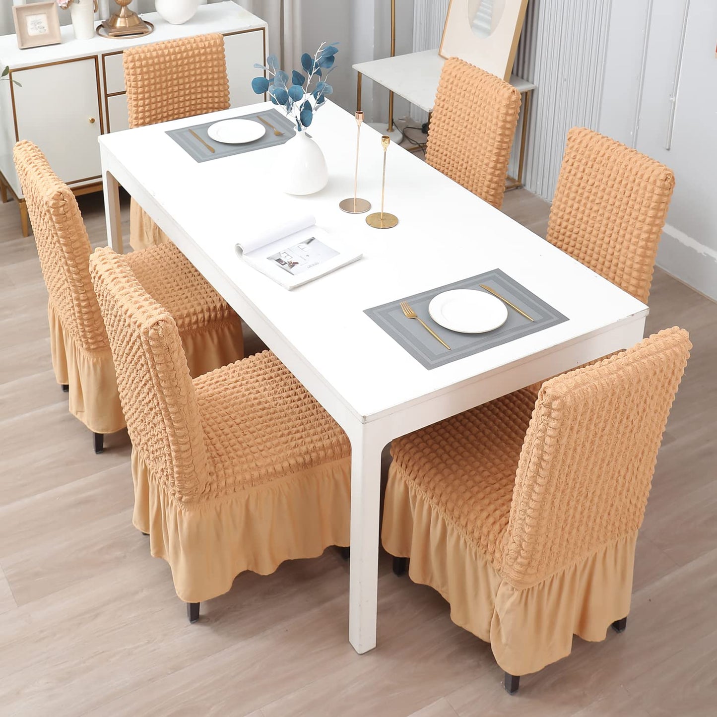 Elastic Stretchable 280 GSM Bubble Dining Chair Cover with Frill, Light Brown