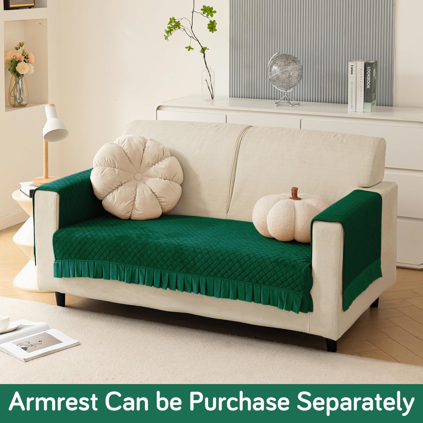 Holland Velvet Sofa Cover Seat Mat with Frill for 1/2/3 - Seater, Bottle Green