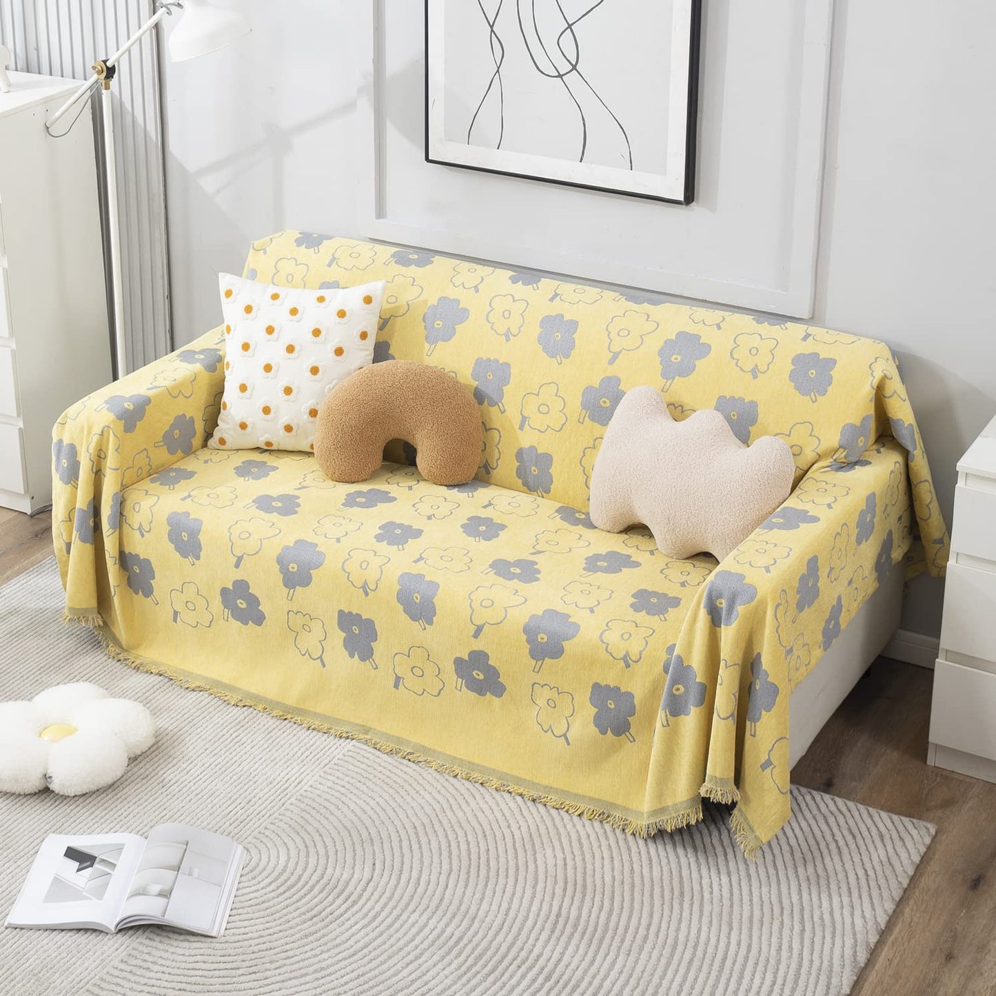 Thick, Soft and Pet Friendly Chenille Sofa Cover Throw, Yellow Floral