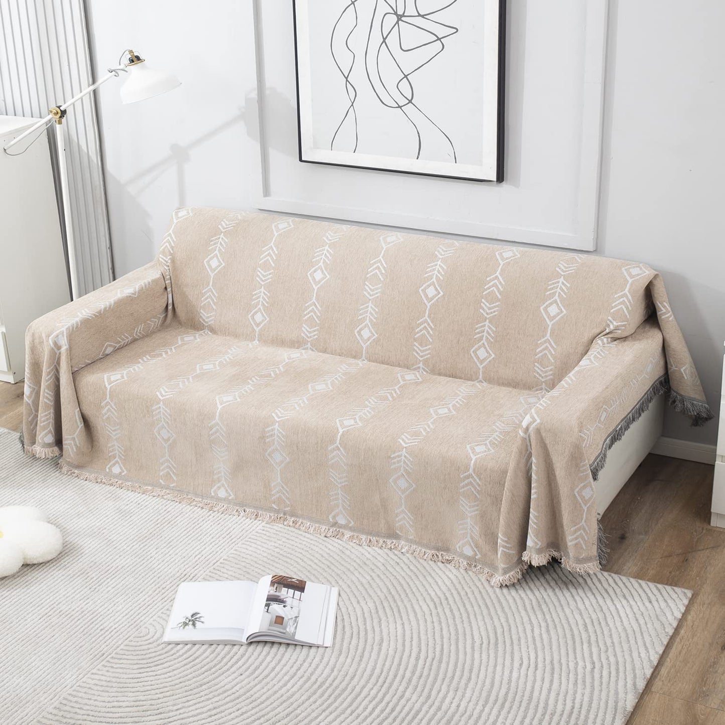 Beige Aztec, Thick, Soft and Pet Friendly Chenille Sofa Cover Throw