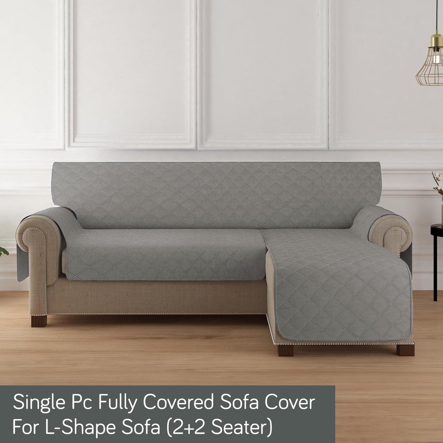HOKIPO Quilted Reversible One Piece L Shape 4/5/6 Seater Sofa Cover Mat, Light Grey