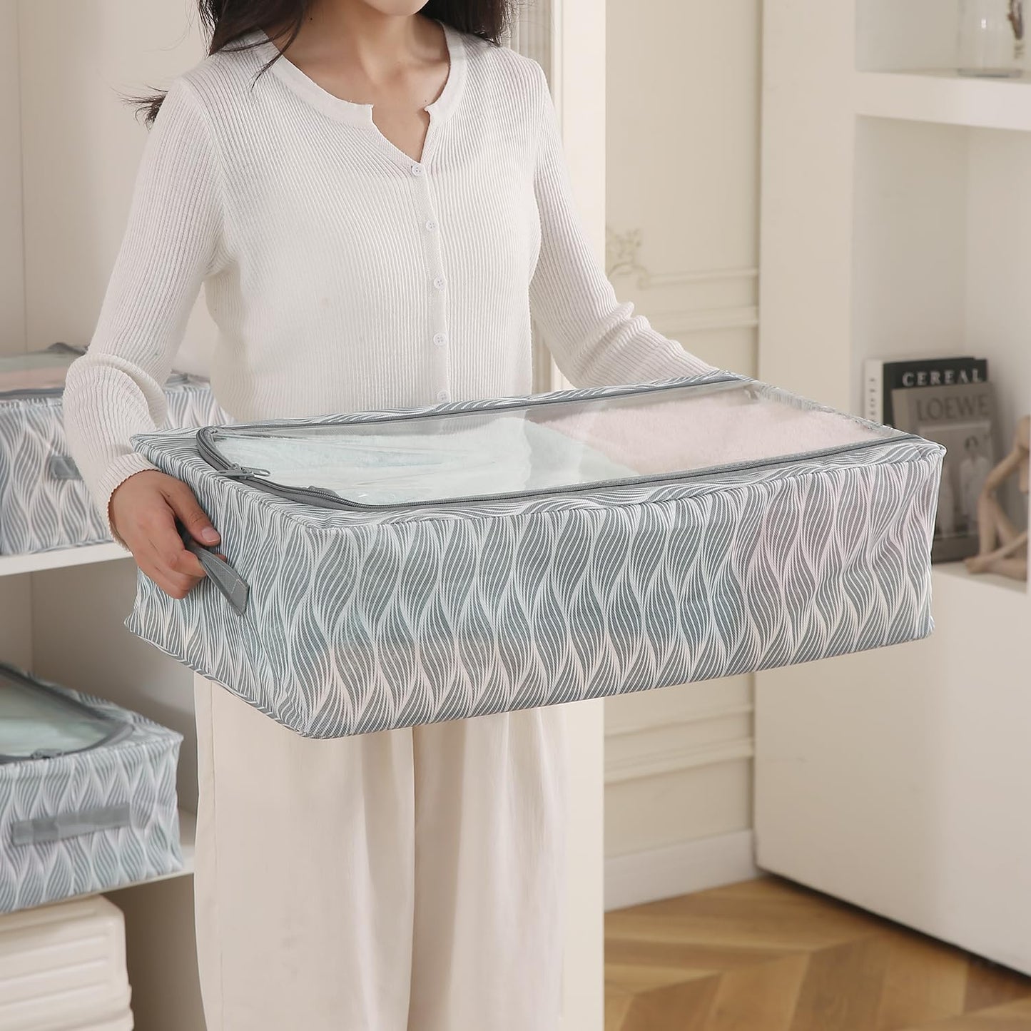 Cloth Organizer with Metal Frame | Moisture & Moth Resistant Wardrobe Organizer | Living Box for Clothes, Grey leaf