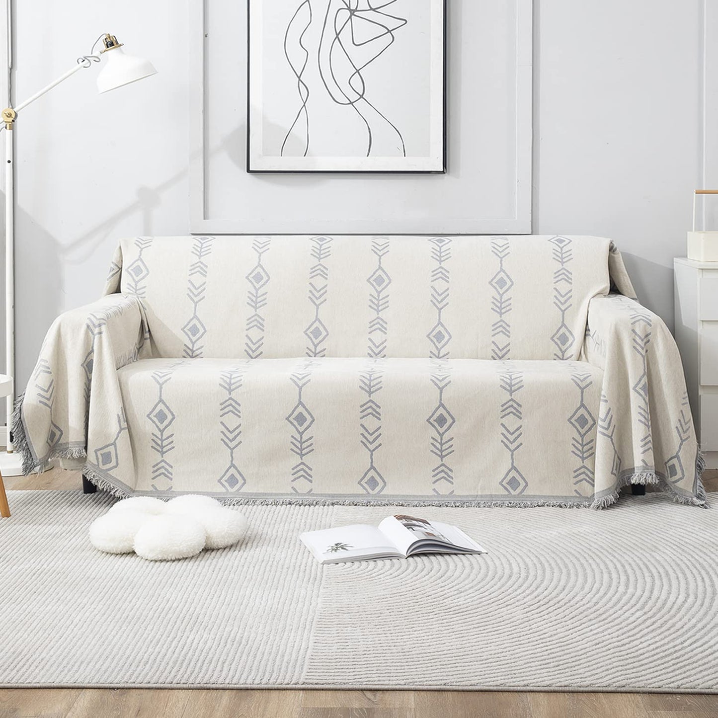 Thick, Soft and Pet Friendly Chenille Sofa Cover Throw, Off-White Aztec