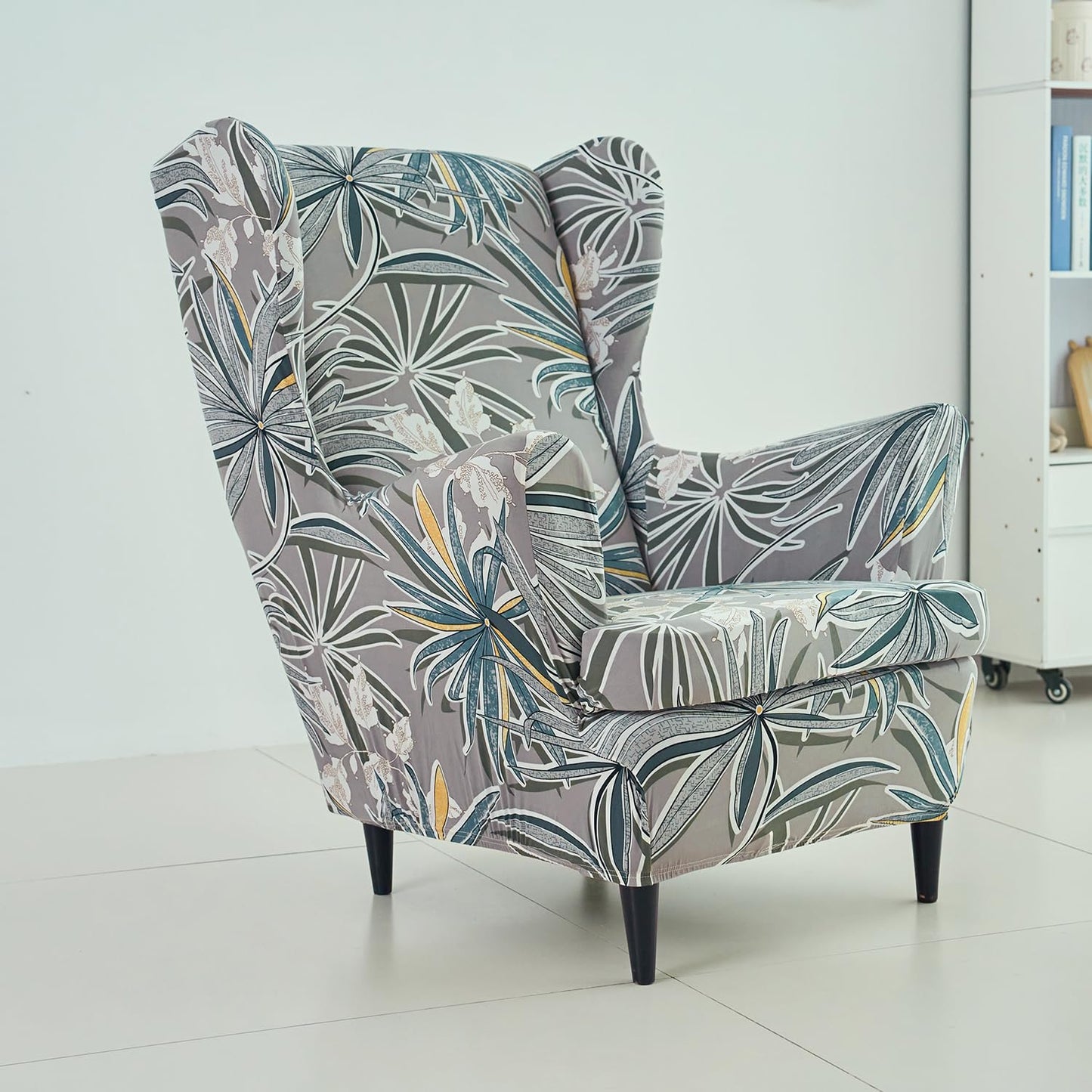 Frost Grey Marginata Polyester Elastic Wing Chair Cover