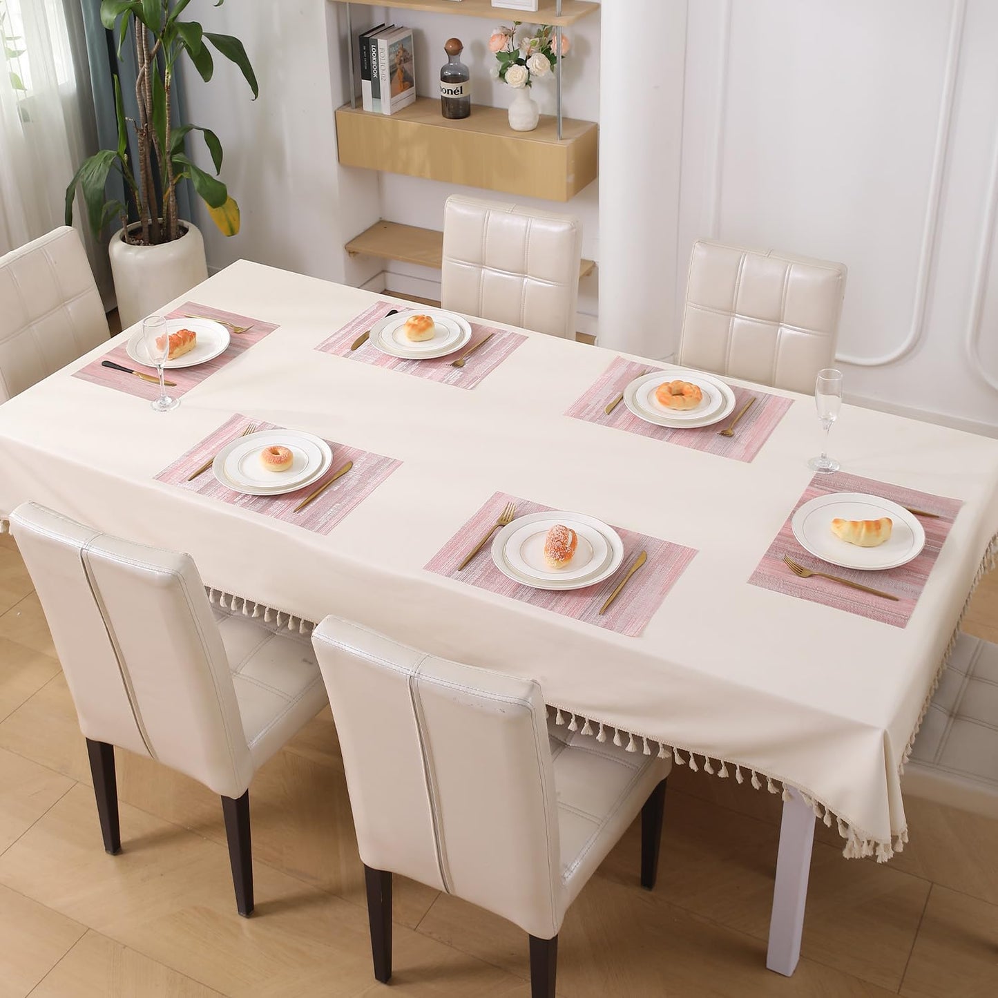 HOKIPO PVC Dining Table Mats and Runner Set of 4/6, Rosemilk Essence Vertical Lines