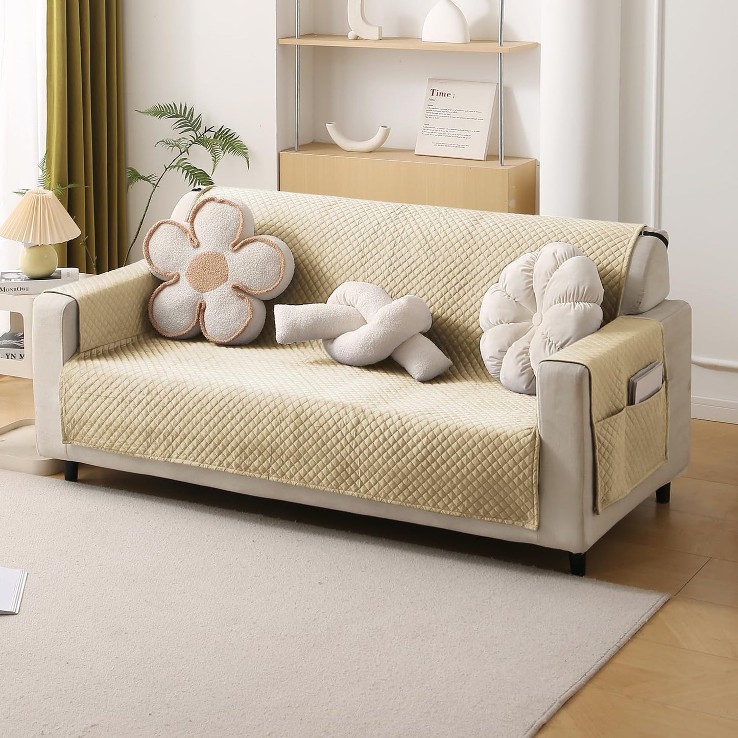 Quilted Velvet Sofa Cover Mat with Side Pockets, Pet Friendly, Natural Beige