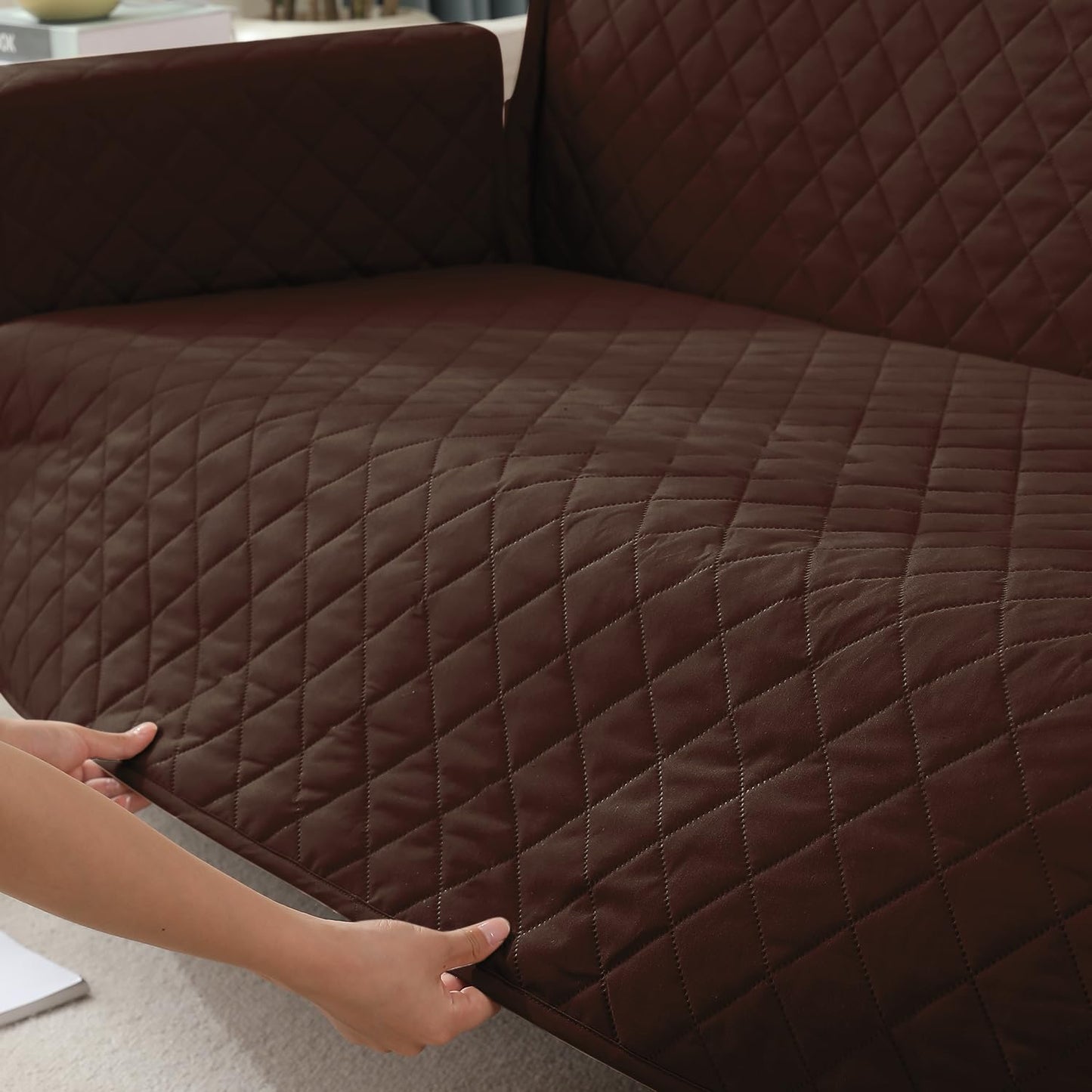 Quilted Waterproof Sofa Cover Mat with Pockets on Armrest Cover - Brown