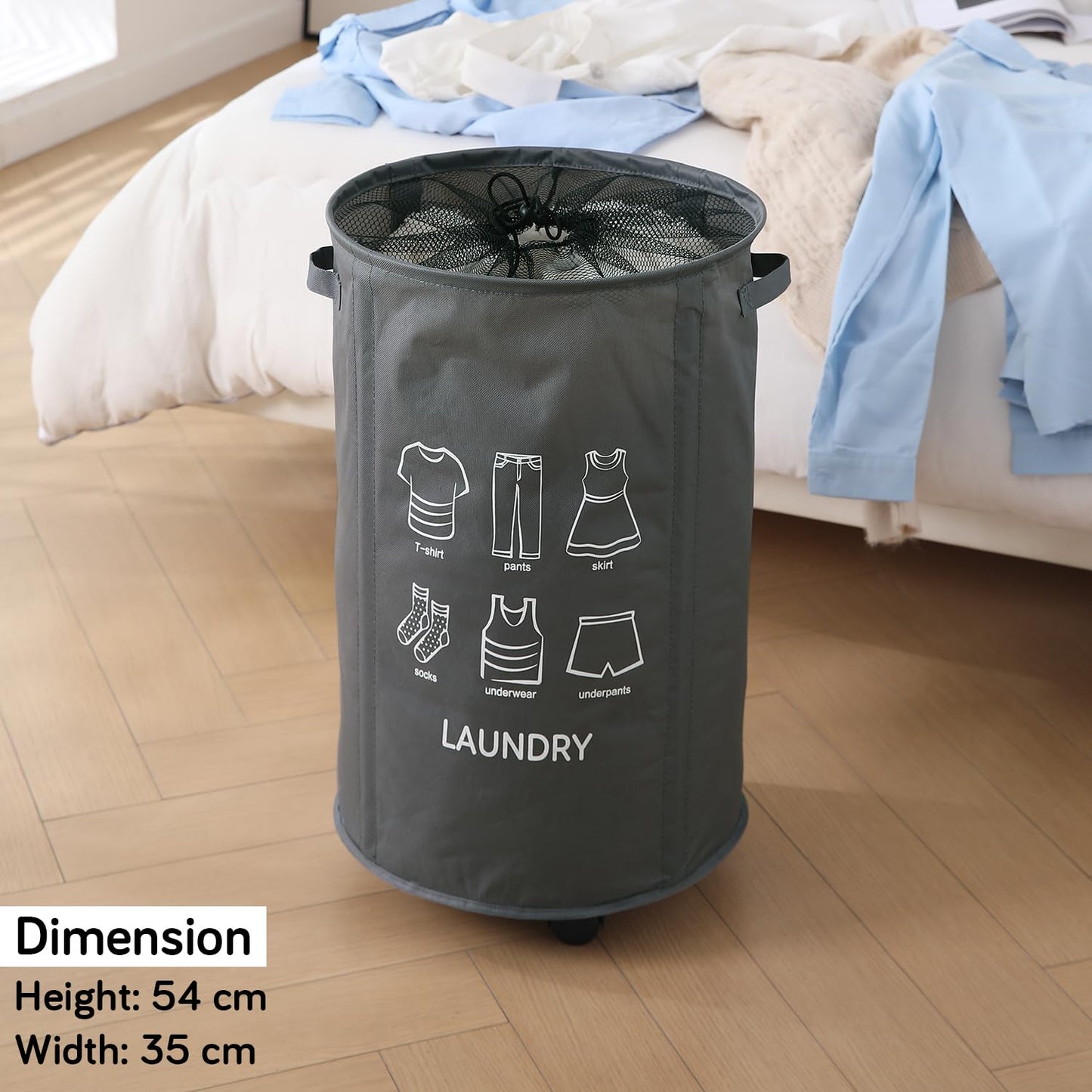 Laundry Basket Foldable Hamper With Wheels, Grey