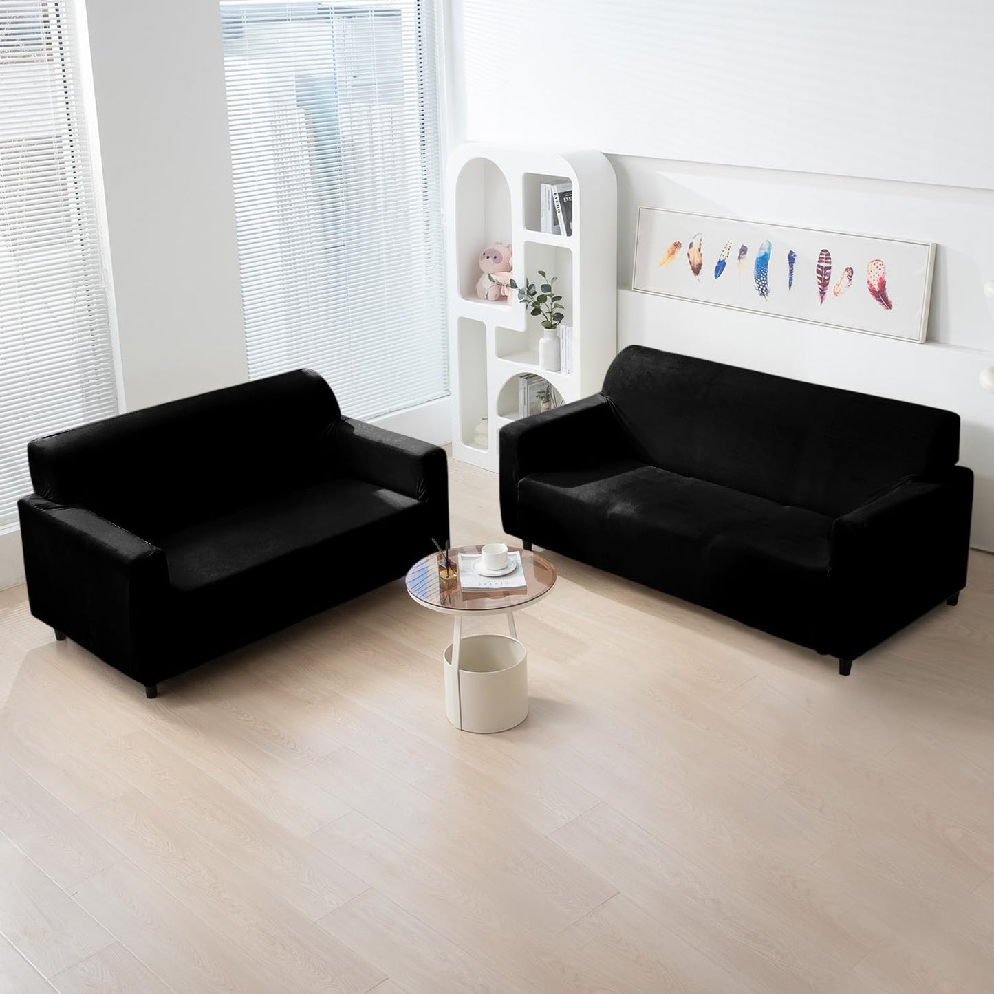 Black premium elastic stretchable velvet sofa cover for 3 2 seater sofa