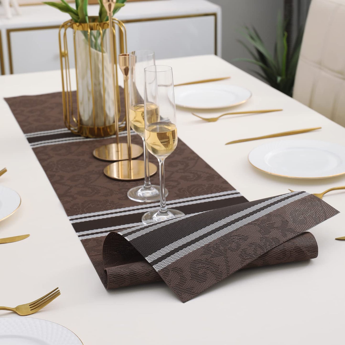 PVC Table Runner Dinner and Coffee Table, 30x135 cm, Damask Brown