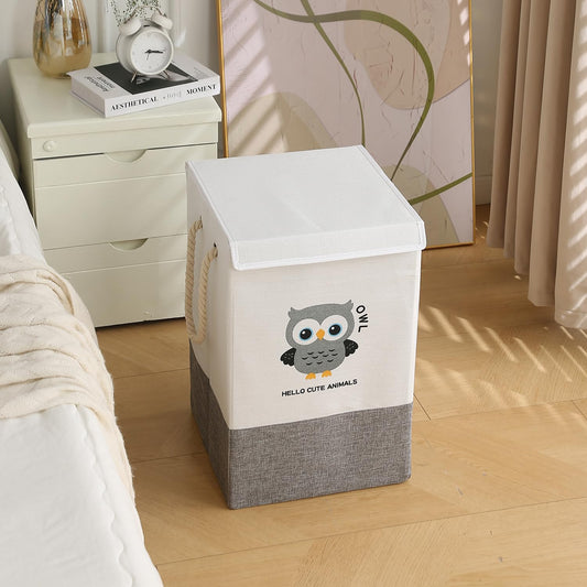 Foldable Laundry Basket for Clothes with Lid, Grey - Owl