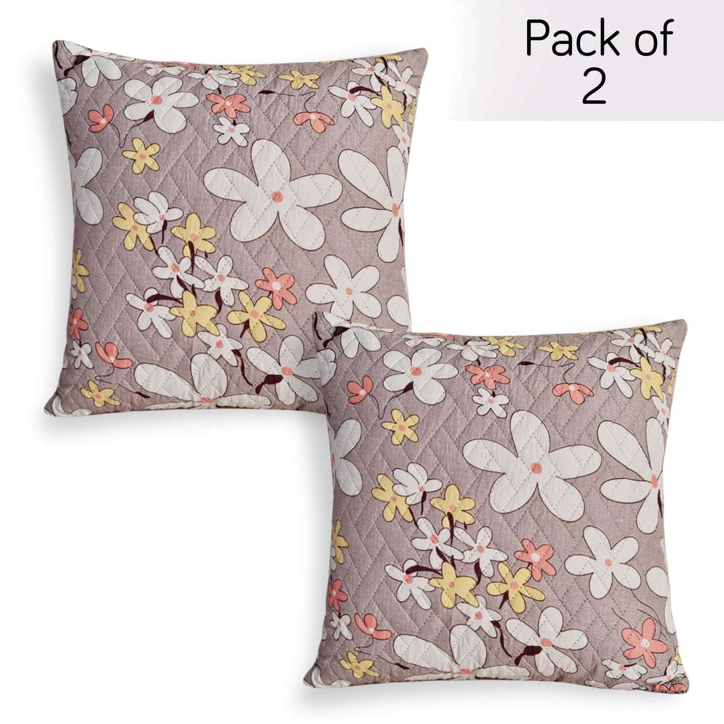 Printed Quilted Sofa Cushion Cover Pack of 2, Pastel Brown Sandwort Flower