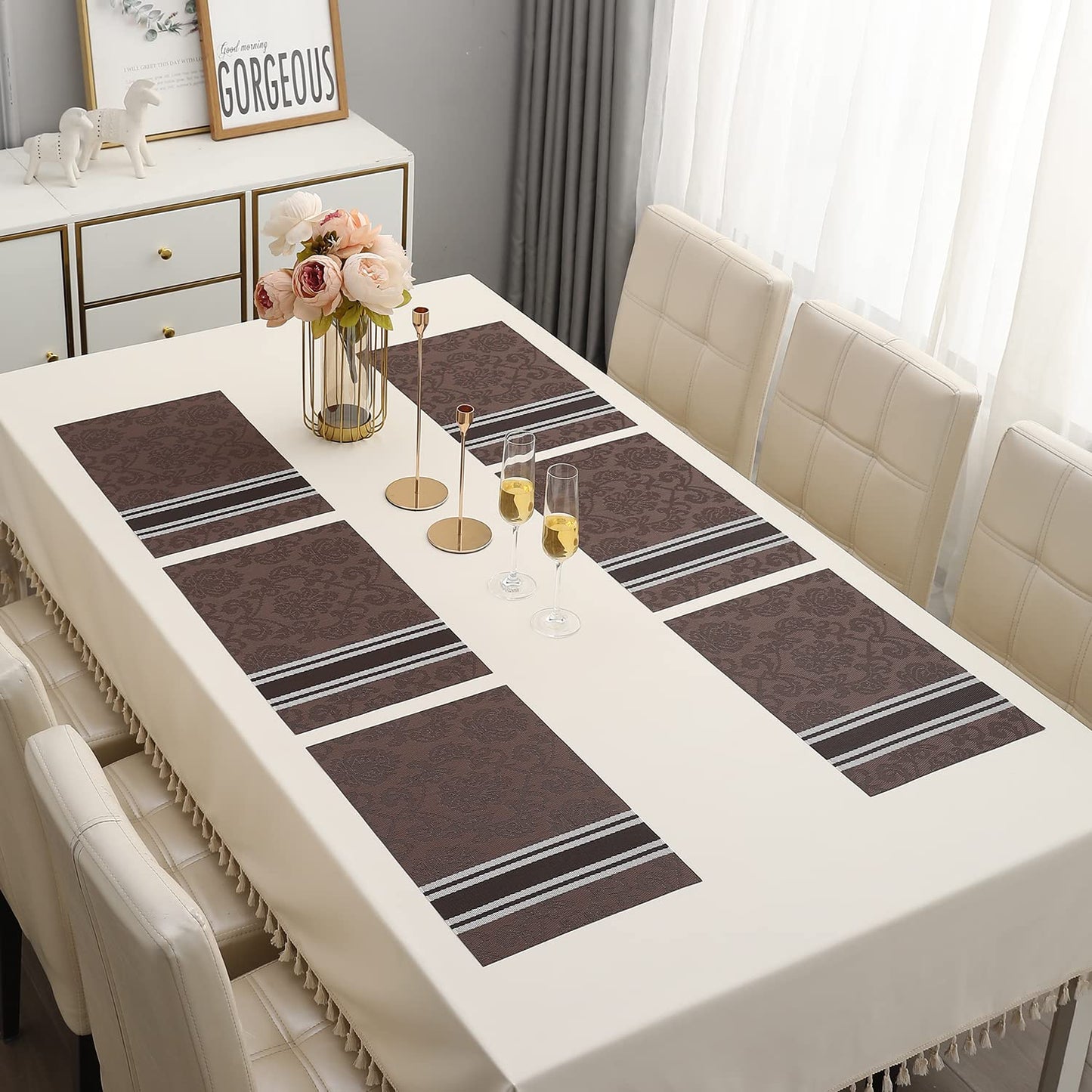 PVC Dining Table Mats, Damask Brown