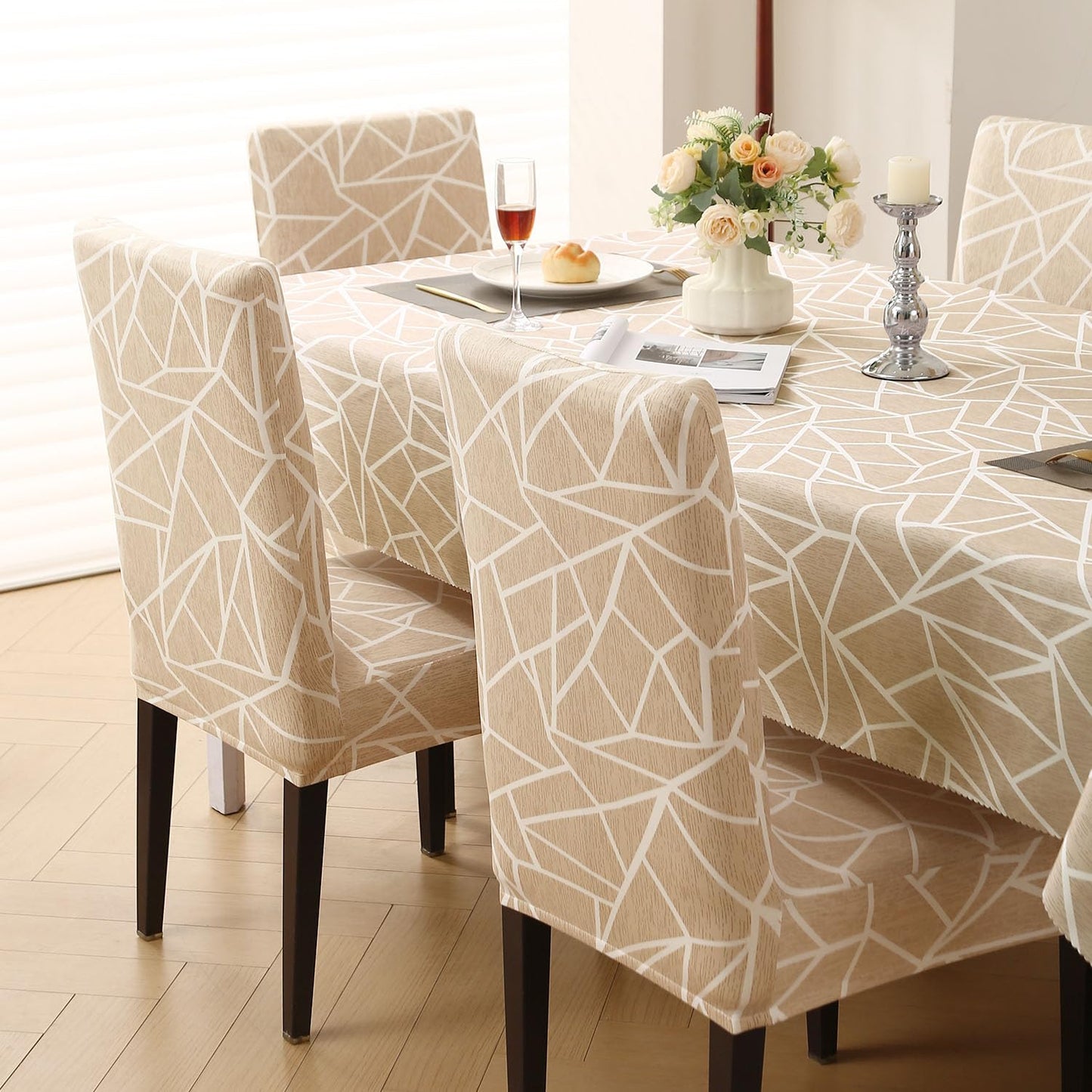 Elastic Dining Chair Covers with Matching Tablecloth, Beige Abstract Geometry