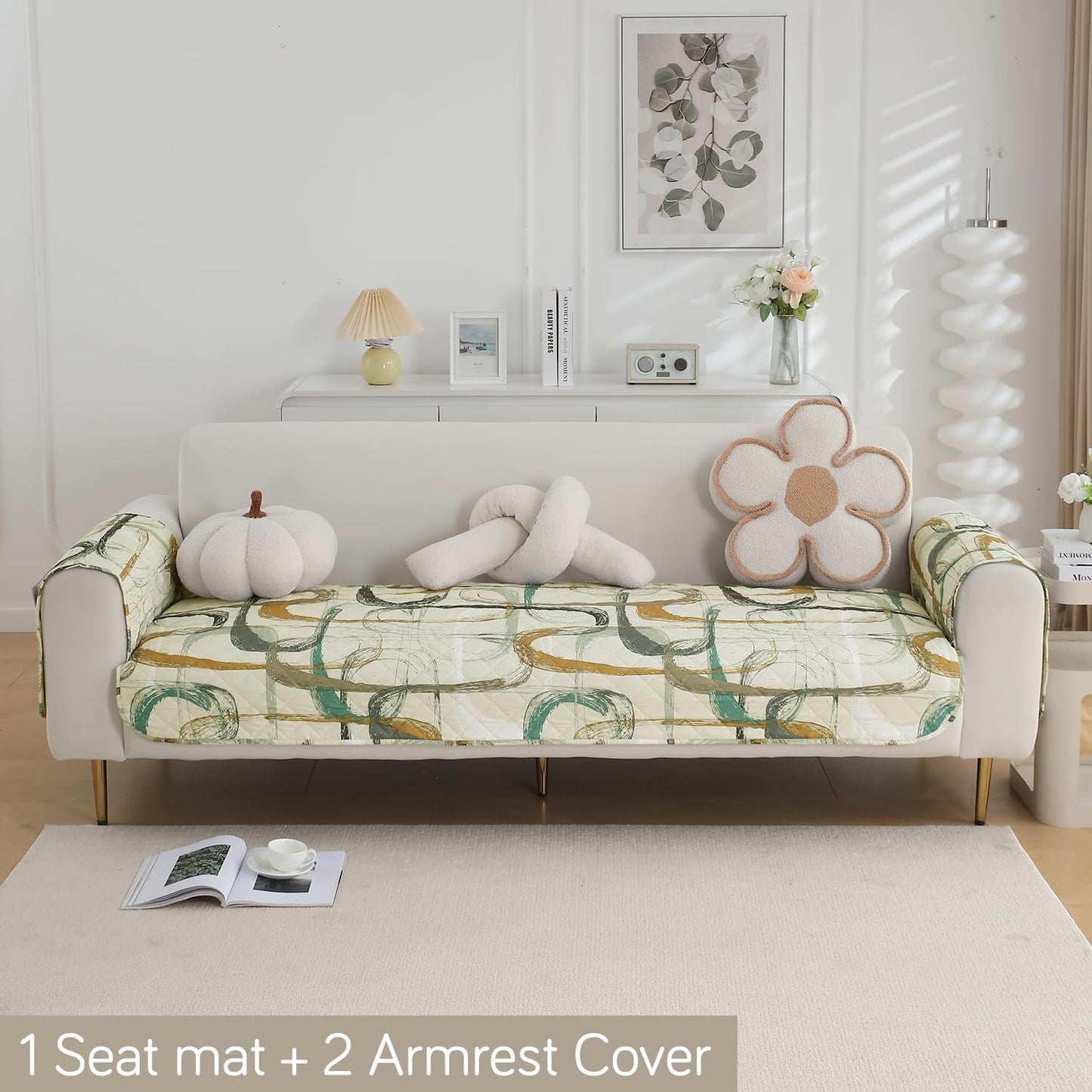 Waterproof Quilted Sofa Seat Mat for 1/2/3 Seater with 2 Armrest Covers with Pockets, Parchement Beige Abstract Art