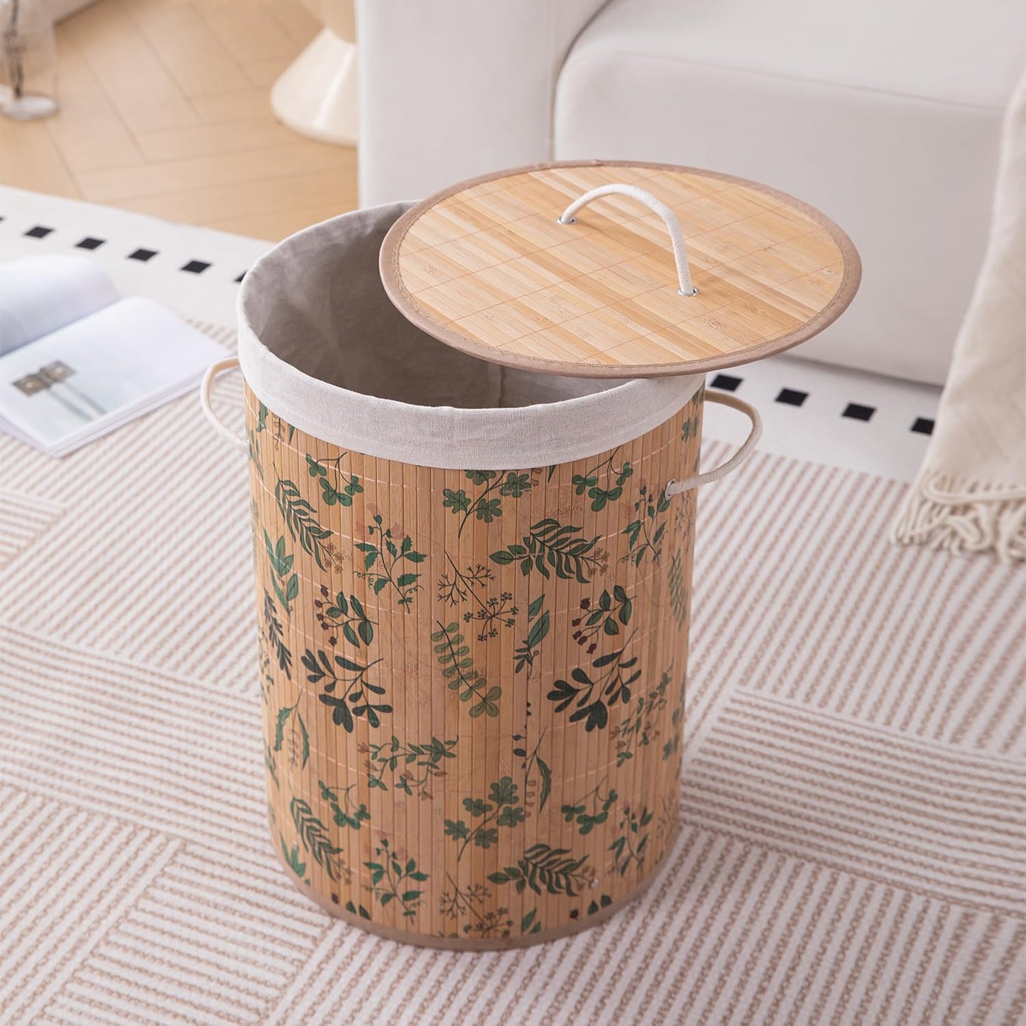 Eco-Friendly Foldable Bamboo Laundry Basket Hamper with Lid, Large, 61 Litre, Fern Leaves