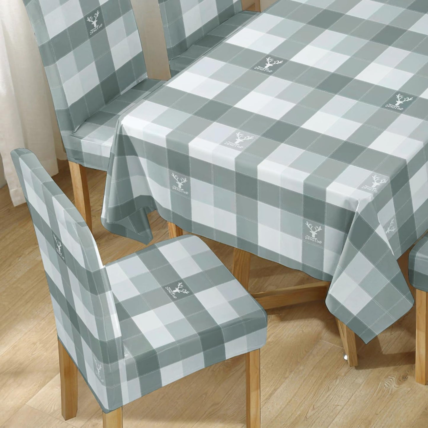 Polyester Dining Chair Covers Set of 4/6 with Matching Tablecloth, Checks Grey
