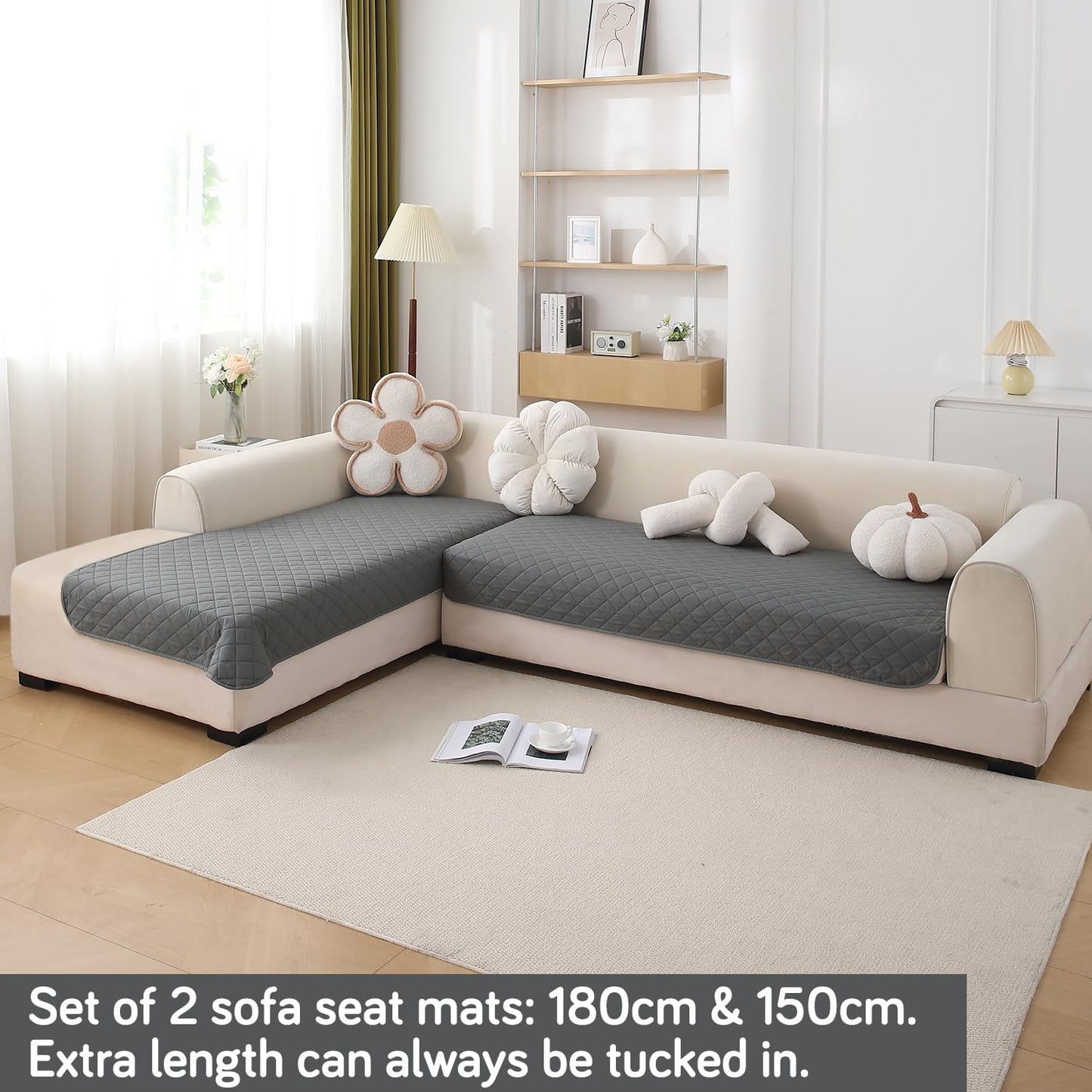 HOKIPO Waterproof Quilted Quick Dry L Shape Sofa Seat Cover Mat, Dark Grey