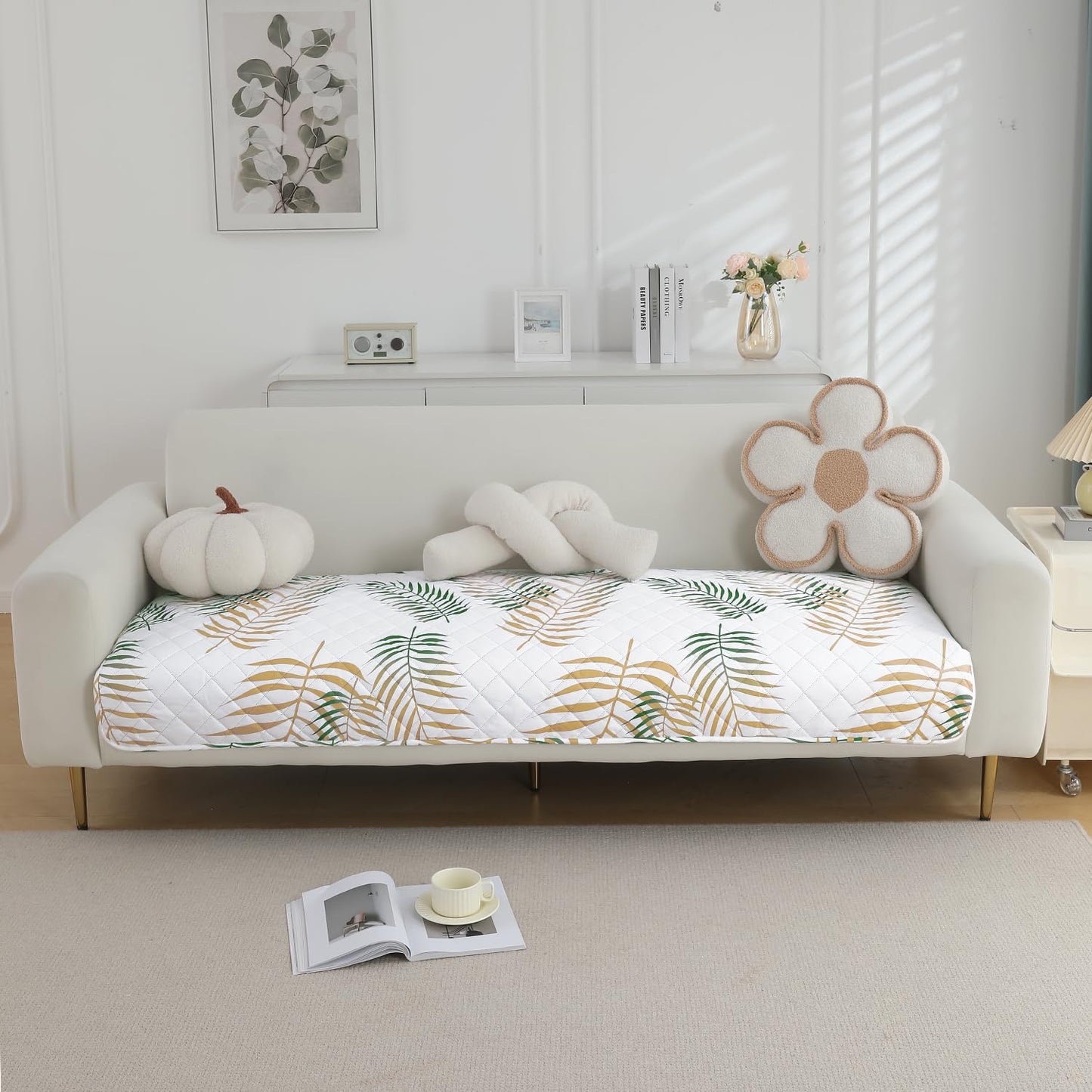 Quilted, Waterproof and Anti-Slip Sofa Cover Mat, Palm Leaves Forest Green