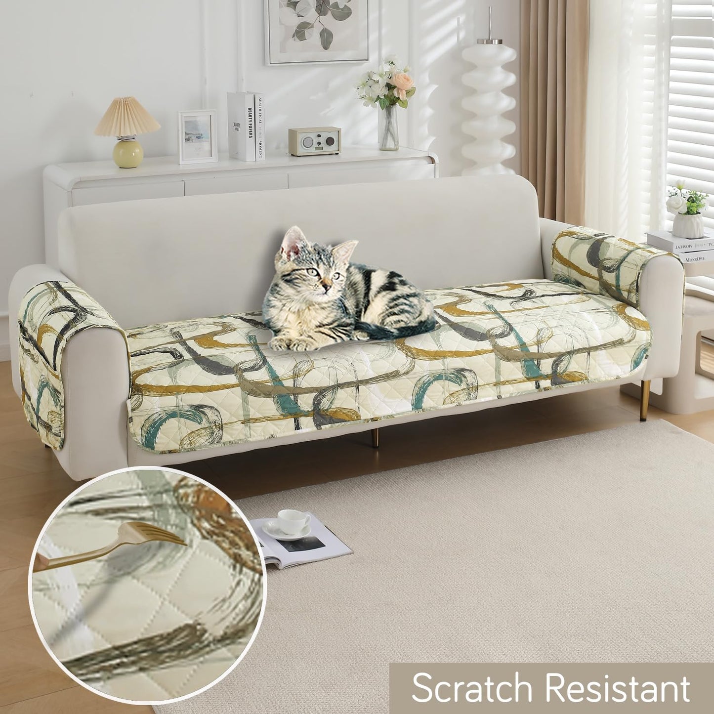 Waterproof Quilted Sofa Seat Mat for 1/2/3 Seater with 2 Armrest Covers with Pockets, Parchement Beige Abstract Art