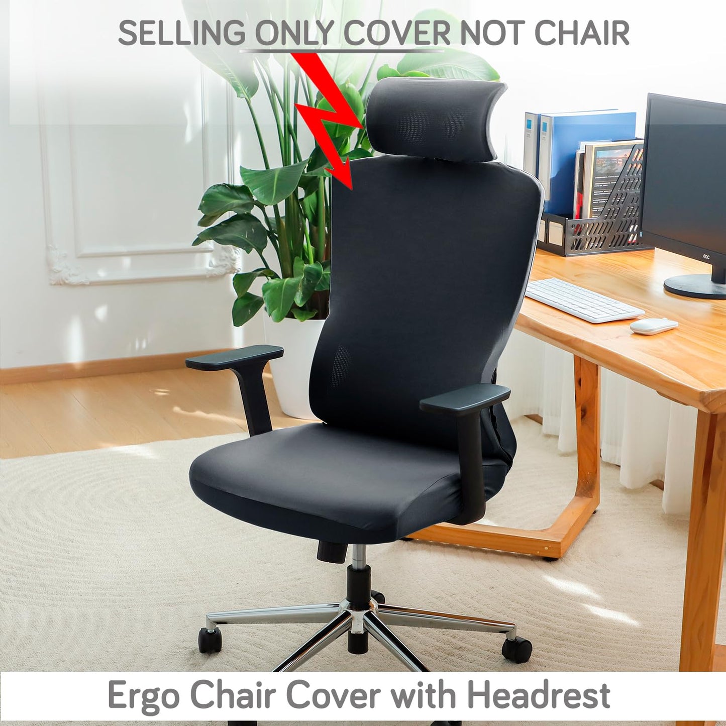 Office Chair Cover with Headrest (High-Back) – 140 GSM Stretch Fabric – Washable, Anti-Slip Fit for Ergonomic Mesh Office Chairs, Grey