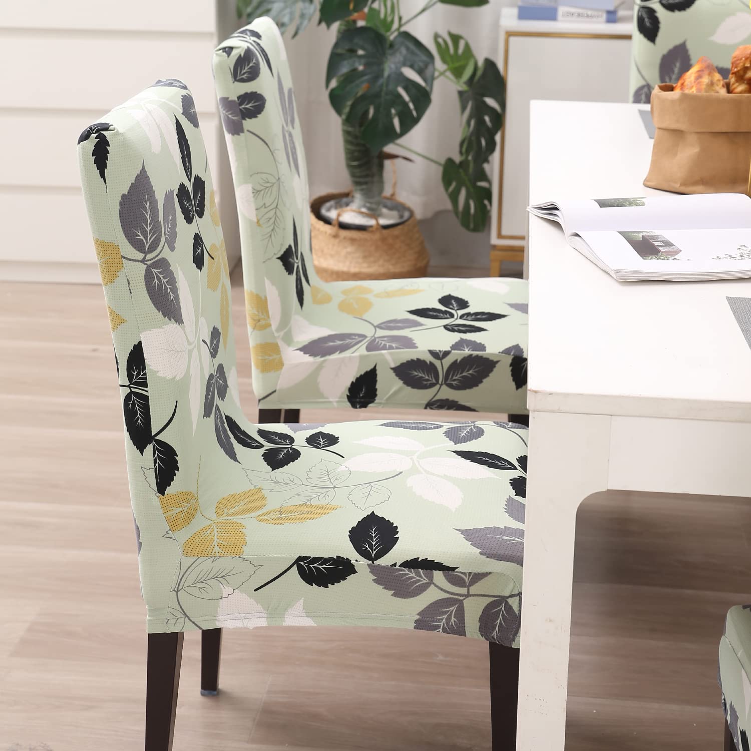 Green Hibiscus Leaves print stylish chair cover | Hokipo
