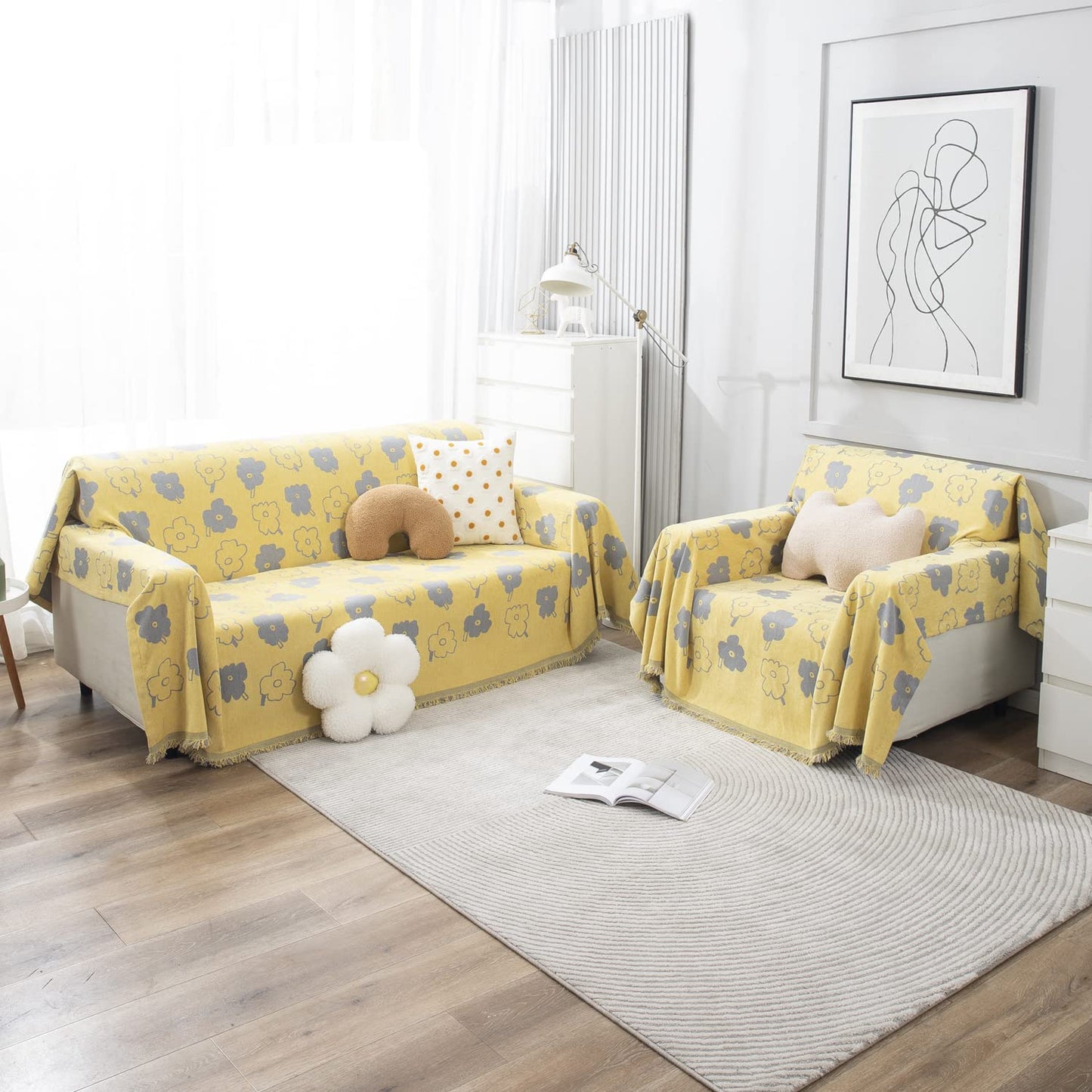 Thick, Soft and Pet Friendly Chenille Sofa Cover Throw, Yellow Floral