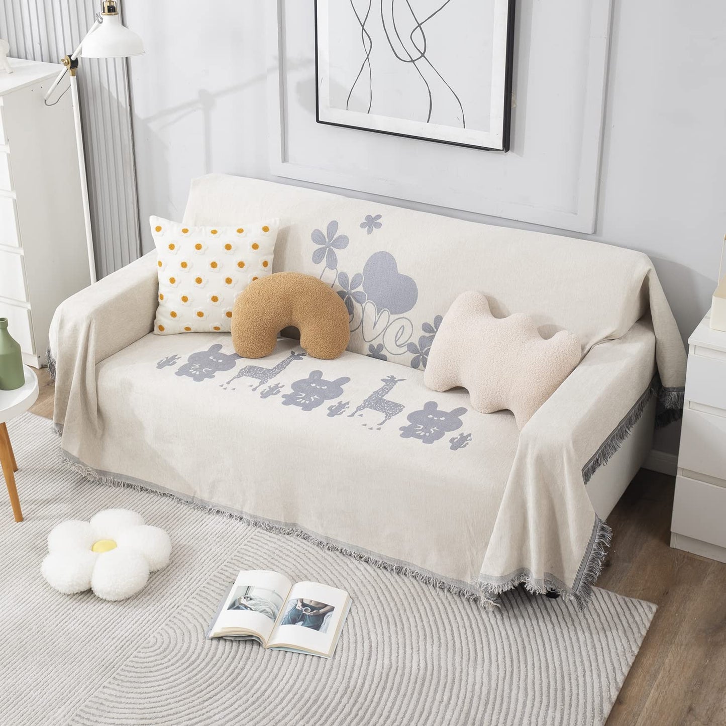 Off-White Nature, Soft and Pet Friendly Chenille Sofa Throw Cover