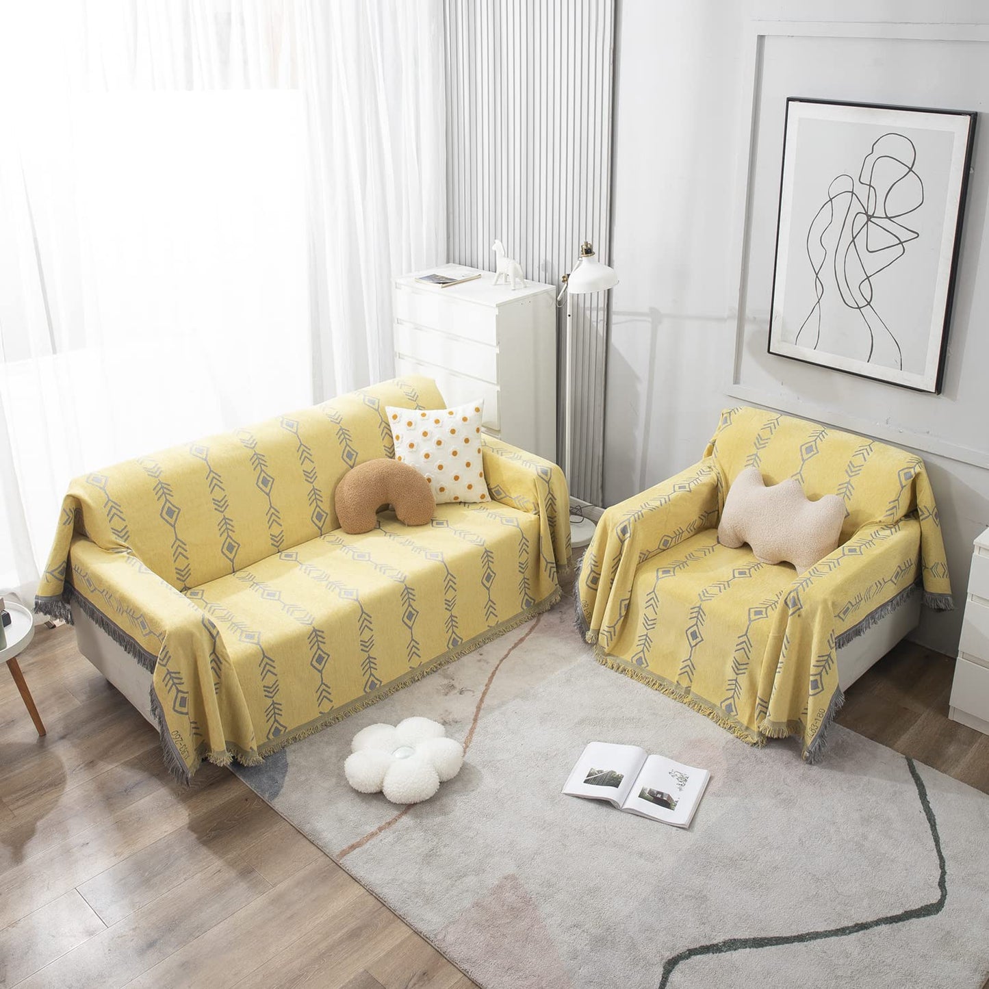 Yellow Aztec, Thick, Soft and Pet Friendly Chenille Sofa Cover Throw