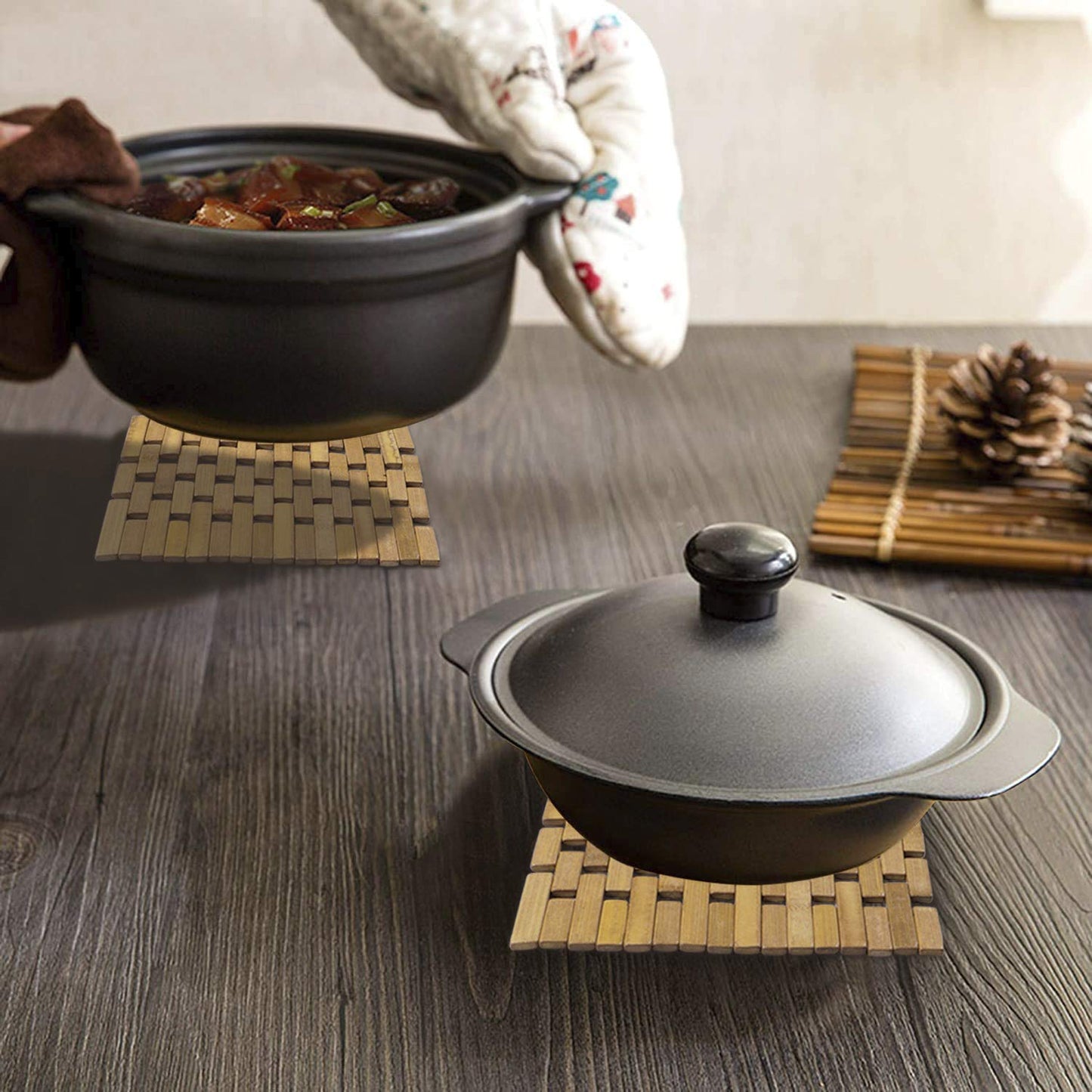 Square Bamboo Coaster Heat Pad, Pan Pot Holder, 17 x 17 cm, Pack of 2/4