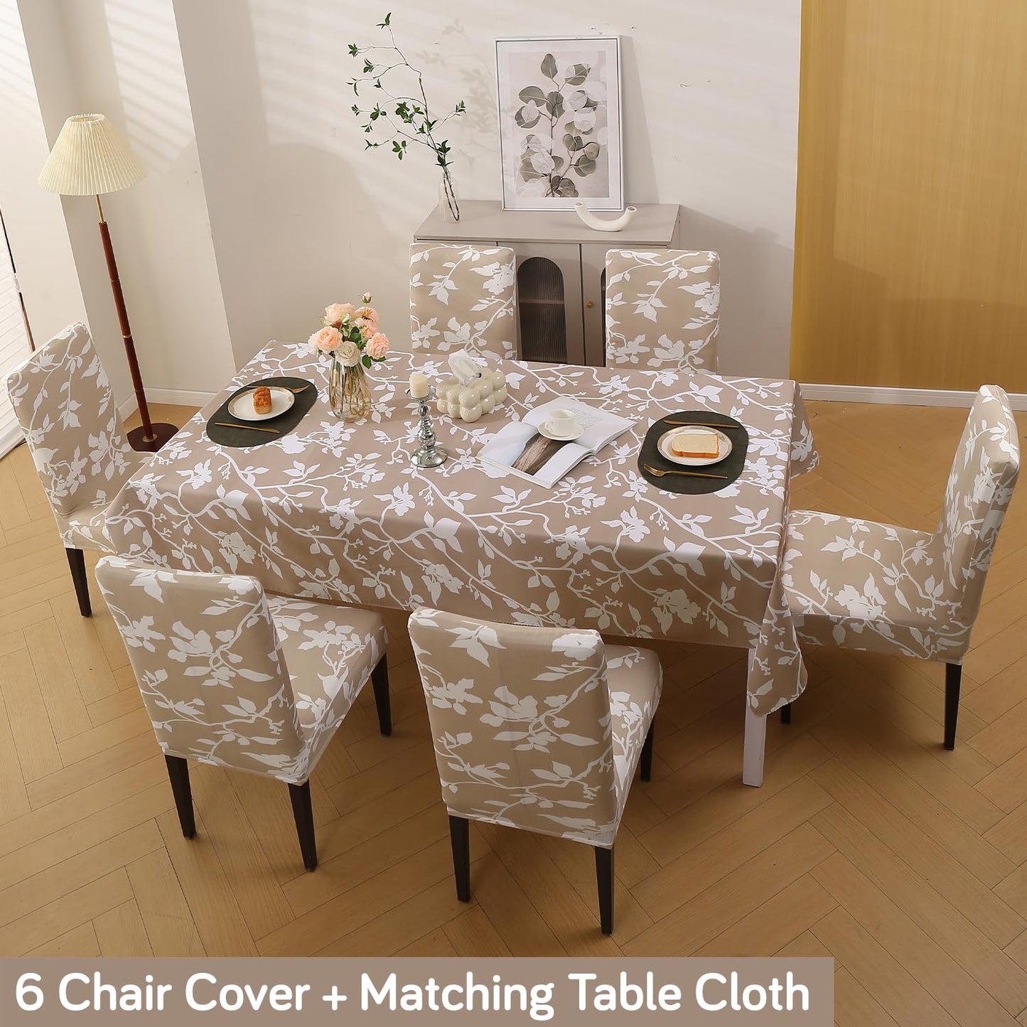 Elastic Dining Chair Covers with Matching Tablecloth, Buff Brown Sillehoute Floral