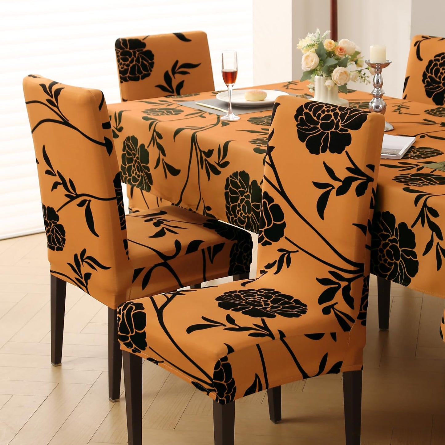Elastic Dining Chair Covers with Matching Tablecloth, Copper Brown Floral