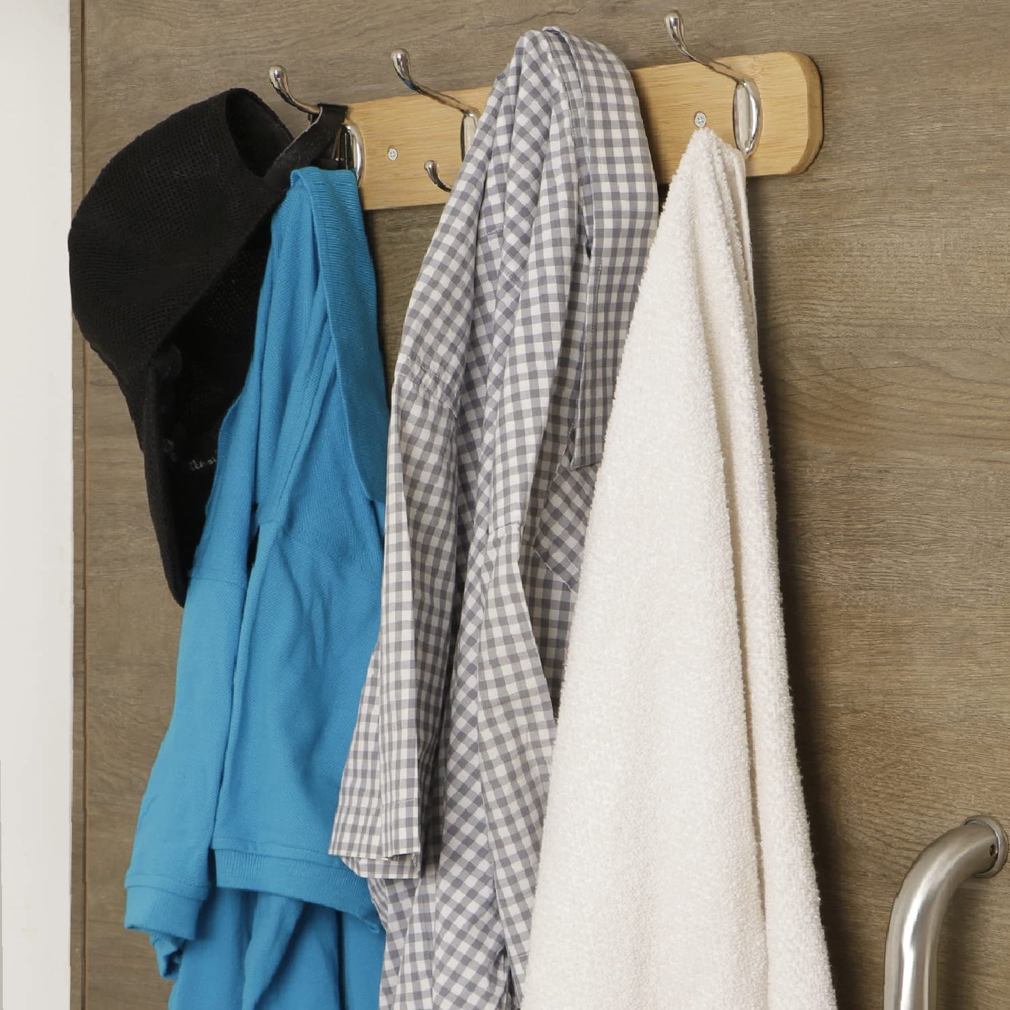 Bamboo Wooden Wall Mounted Hook Rail for Hanging Clothes - 3/4/5 Hooks Rail