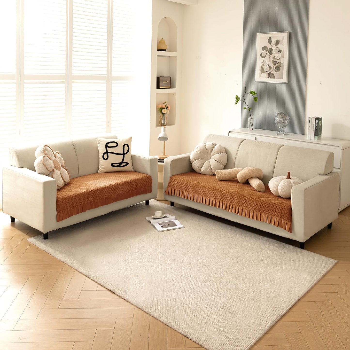 Holland Velvet Sofa Cover Seat Mat with Frill for 1/2/3 - Seater, Copper