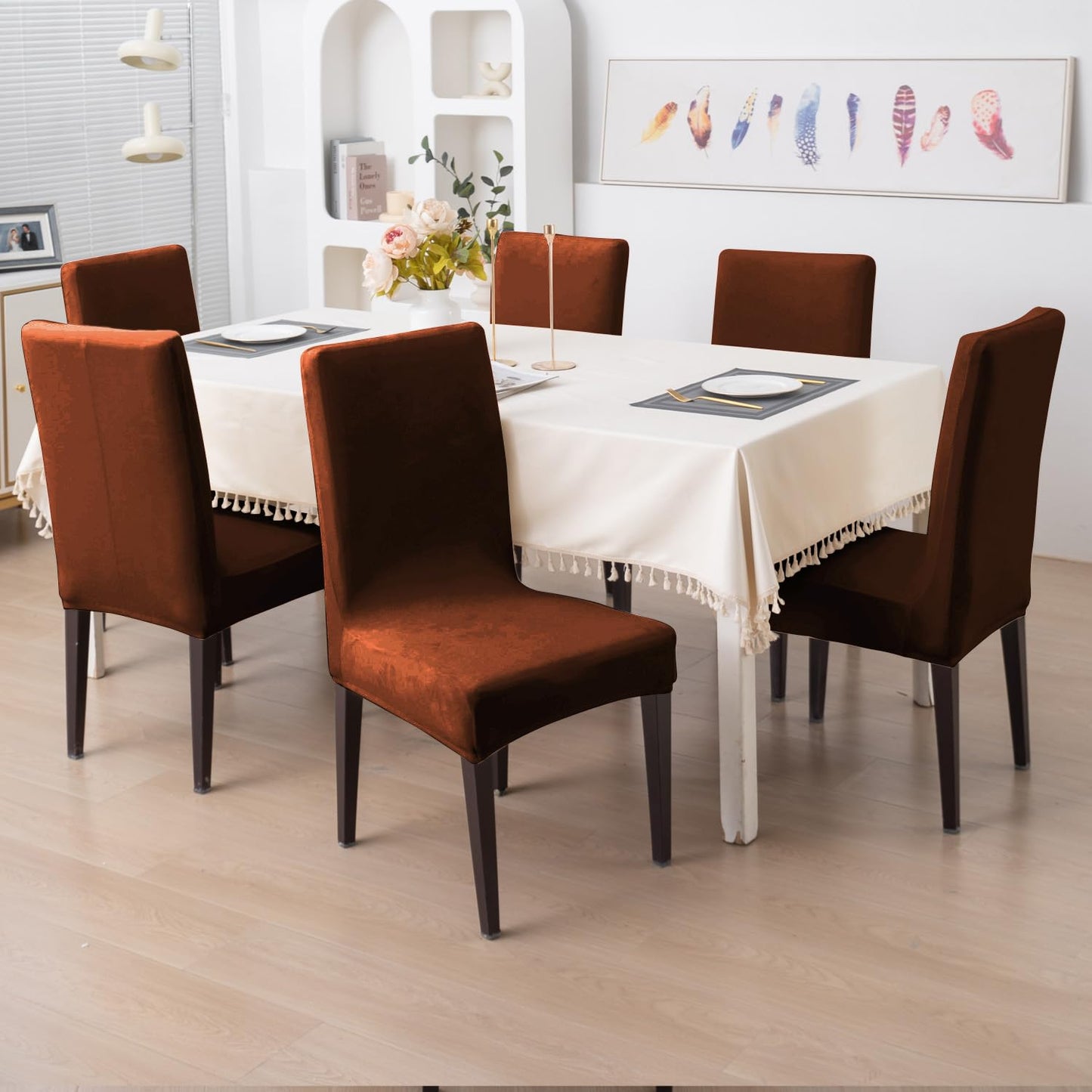 Elastic Stretchable Premium Velvet Dining Chair Cover, Rustic Brown