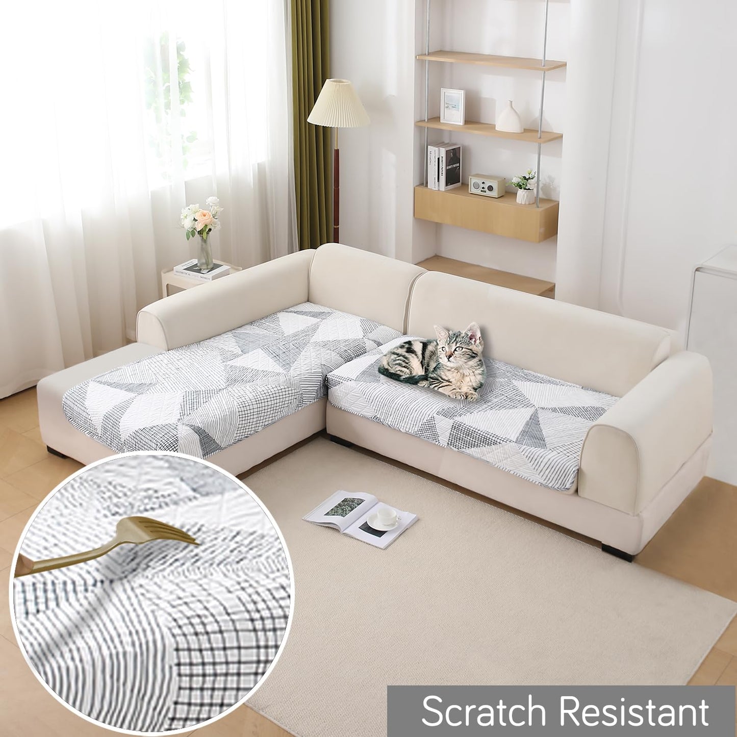 Waterproof Printed Quilted Quick Dry L Shape Sofa Seat Cover Mat, Snow White Black Geometry