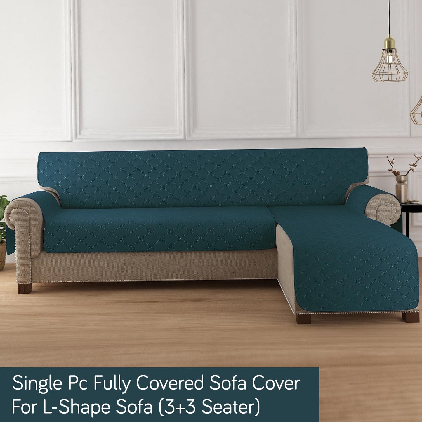 HOKIPO Quilted Reversible One Piece L Shape 4/5/6 Seater Sofa Cover Mat, Peacock Blue