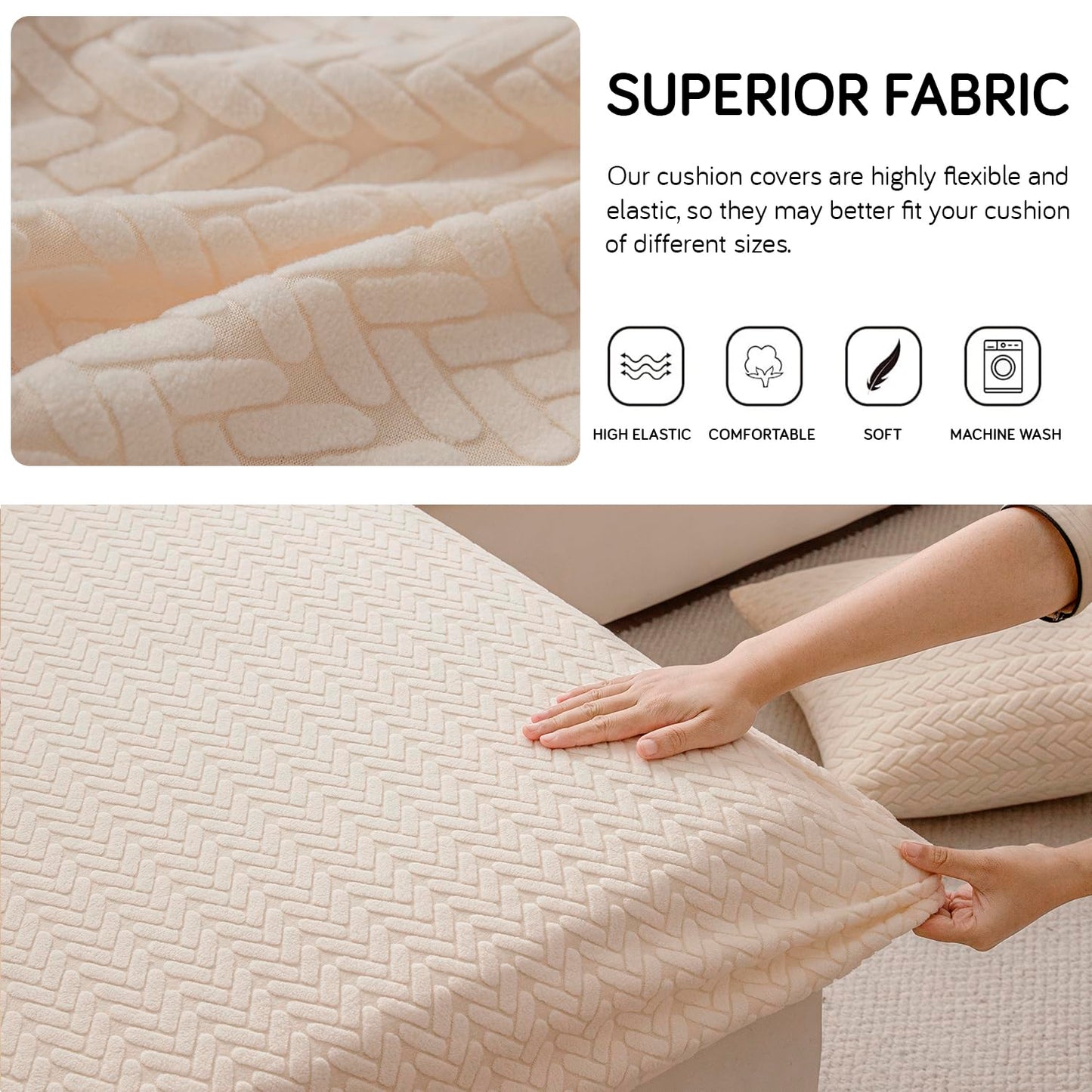 Stretchable Thick Jacquard Textured Seat Couch Cushion Cover for 1/2/3 Seaters, Beige