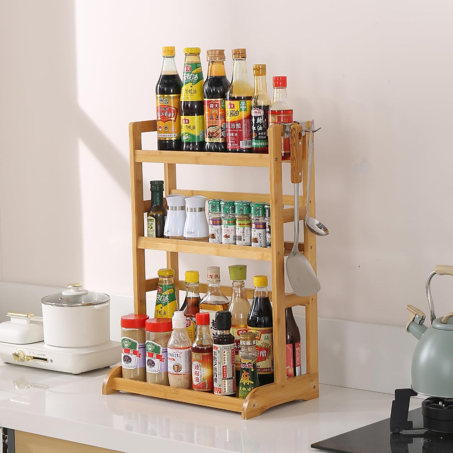 3 Tier Bamboo Spice Rack Organizer for Kitchen Platform Counter Top Rack Storage Shelf Stand, 25D x 42W x 61H cm