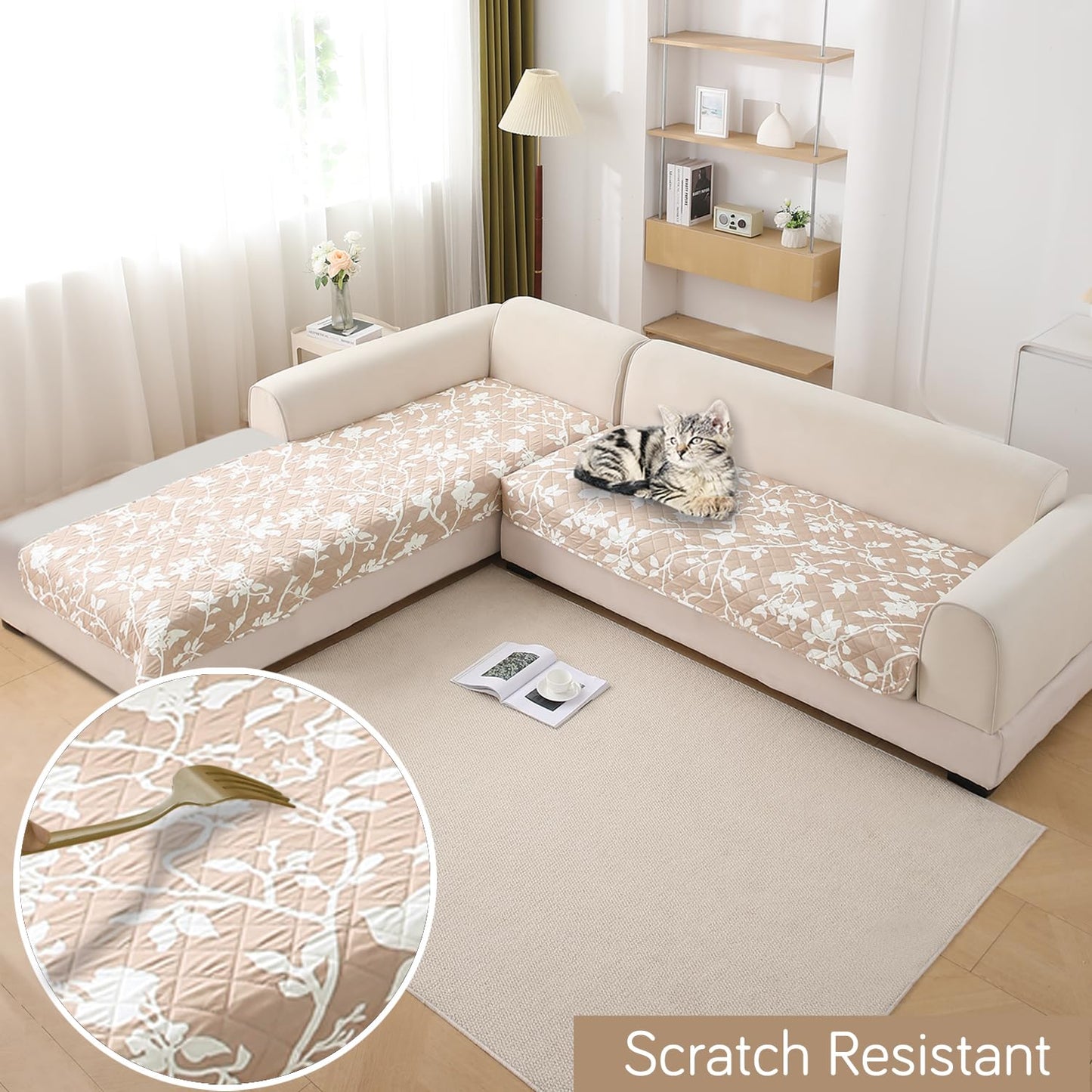 HOKIPO Waterproof Printed Quilted Quick Dry L Shape Sofa Seat Cover Mat, Buff Brown Sillehoute Floral
