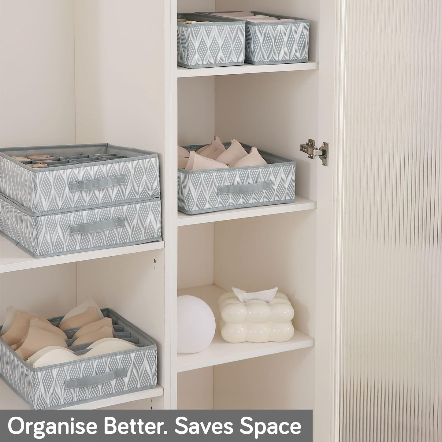 Lingerie Organizer for Women – Bra Organizer for Wardrobe & Drawers | Foldable Innerwear Organiser for Bras, Camisoles | Non-Woven Fabric, Grey leaves