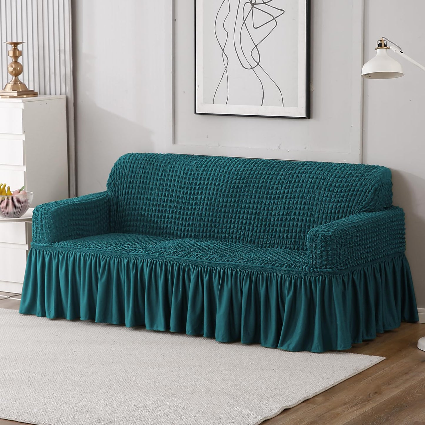 Teal 3 seater Elastic Turkish Bubble Frilled sofa cover set